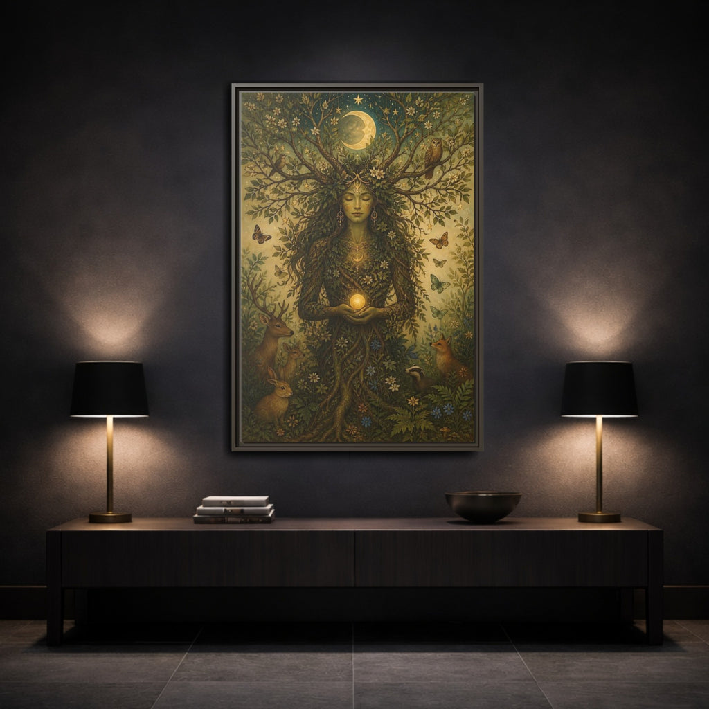 Mockup 3. Nature Nature Goddess Green And Gold shown as stretched canvas wall art