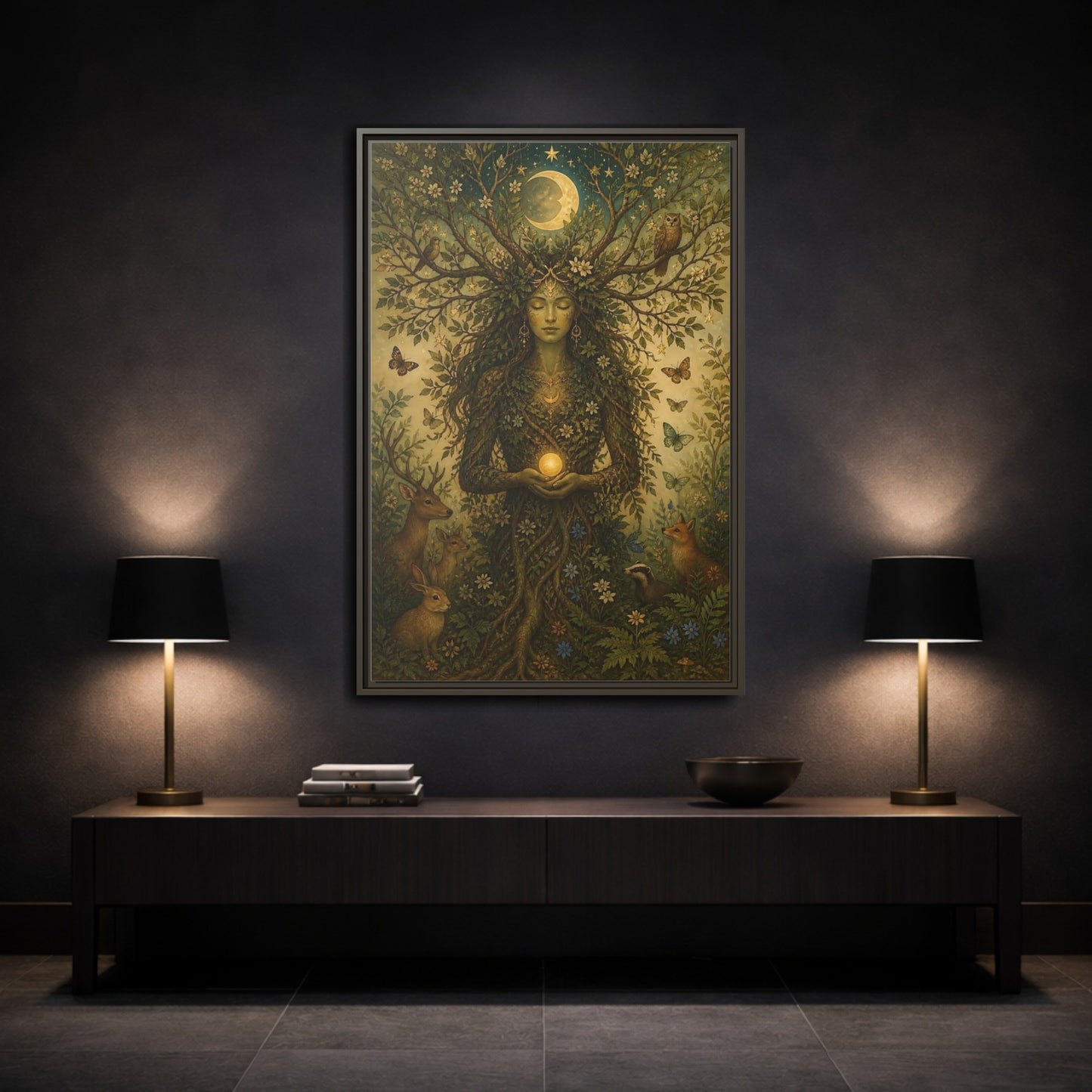 Mockup 3. Nature Nature Goddess Green And Gold shown as stretched canvas wall art