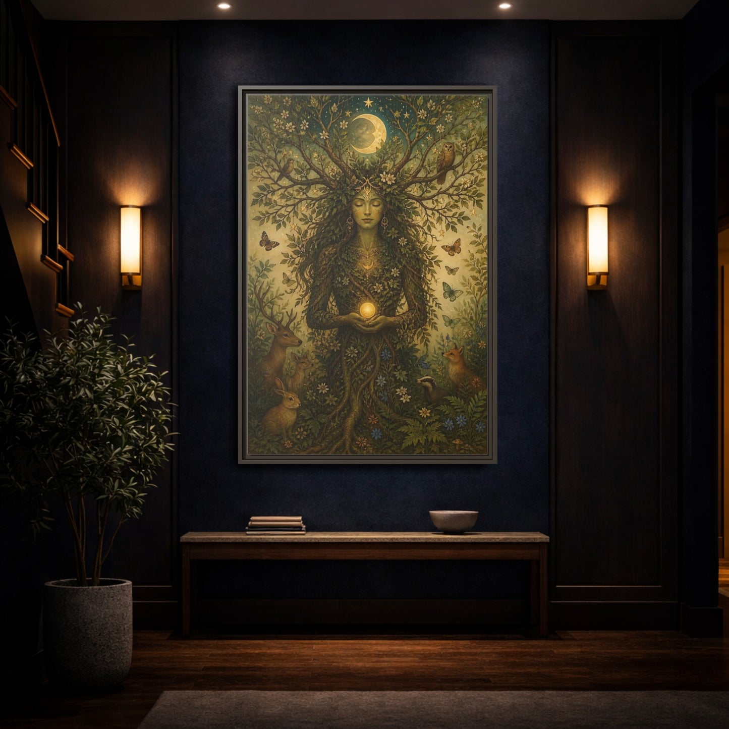 Mockup 4. Nature Nature Goddess Green And Gold shown as stretched canvas wall art