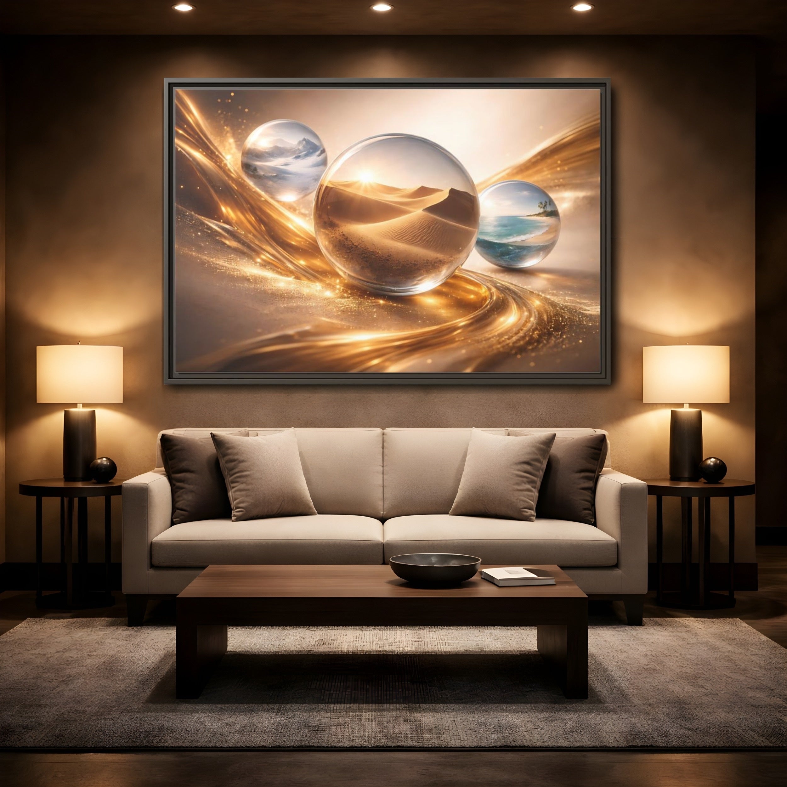 Mockup 2. Nature Nature Orbs Golden Nature Spheres shown as stretched canvas wall art