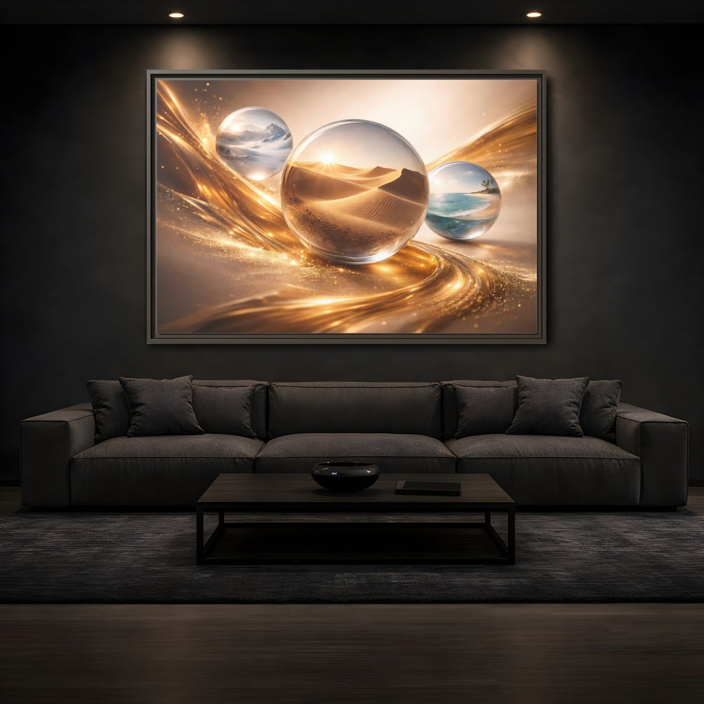 Mockup 3. Nature Nature Orbs Golden Nature Spheres shown as stretched canvas wall art