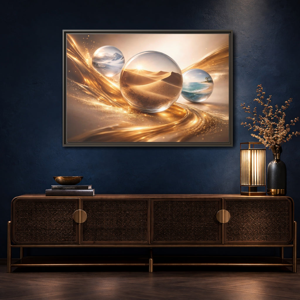 Mockup 4. Nature Nature Orbs Golden Nature Spheres shown as stretched canvas wall art