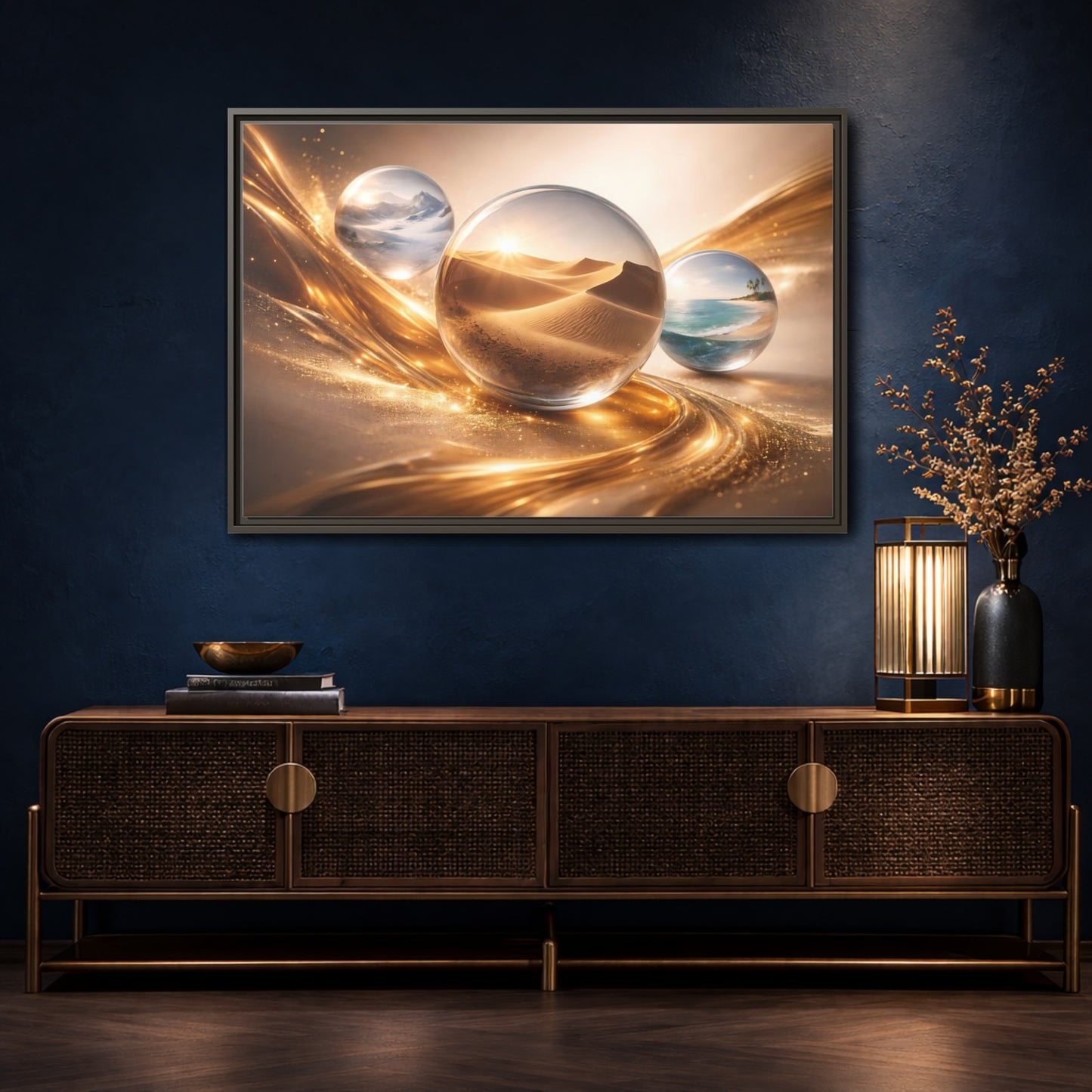 Mockup 4. Nature Nature Orbs Golden Nature Spheres shown as stretched canvas wall art