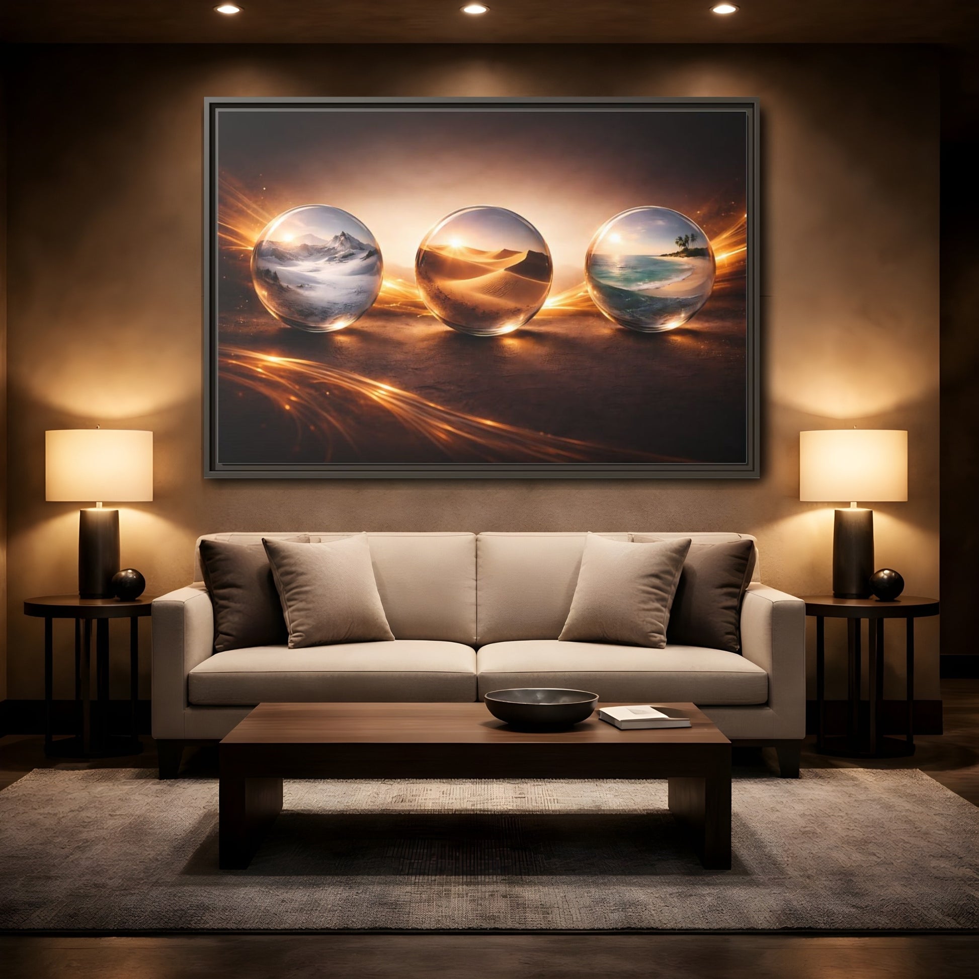 Mockup 2. Nature Nature Spheres Golden Glow Landscapes shown as stretched canvas wall art
