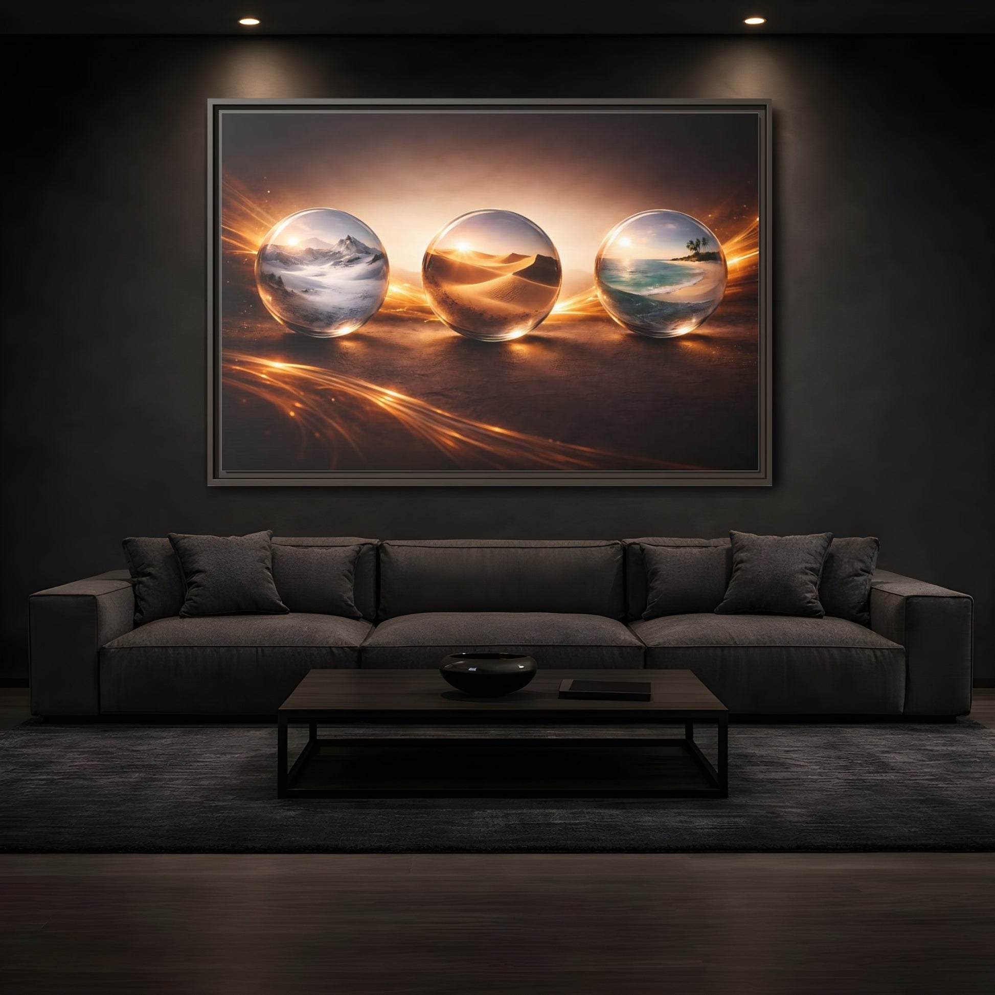 Mockup 3. Nature Nature Spheres Golden Glow Landscapes shown as stretched canvas wall art