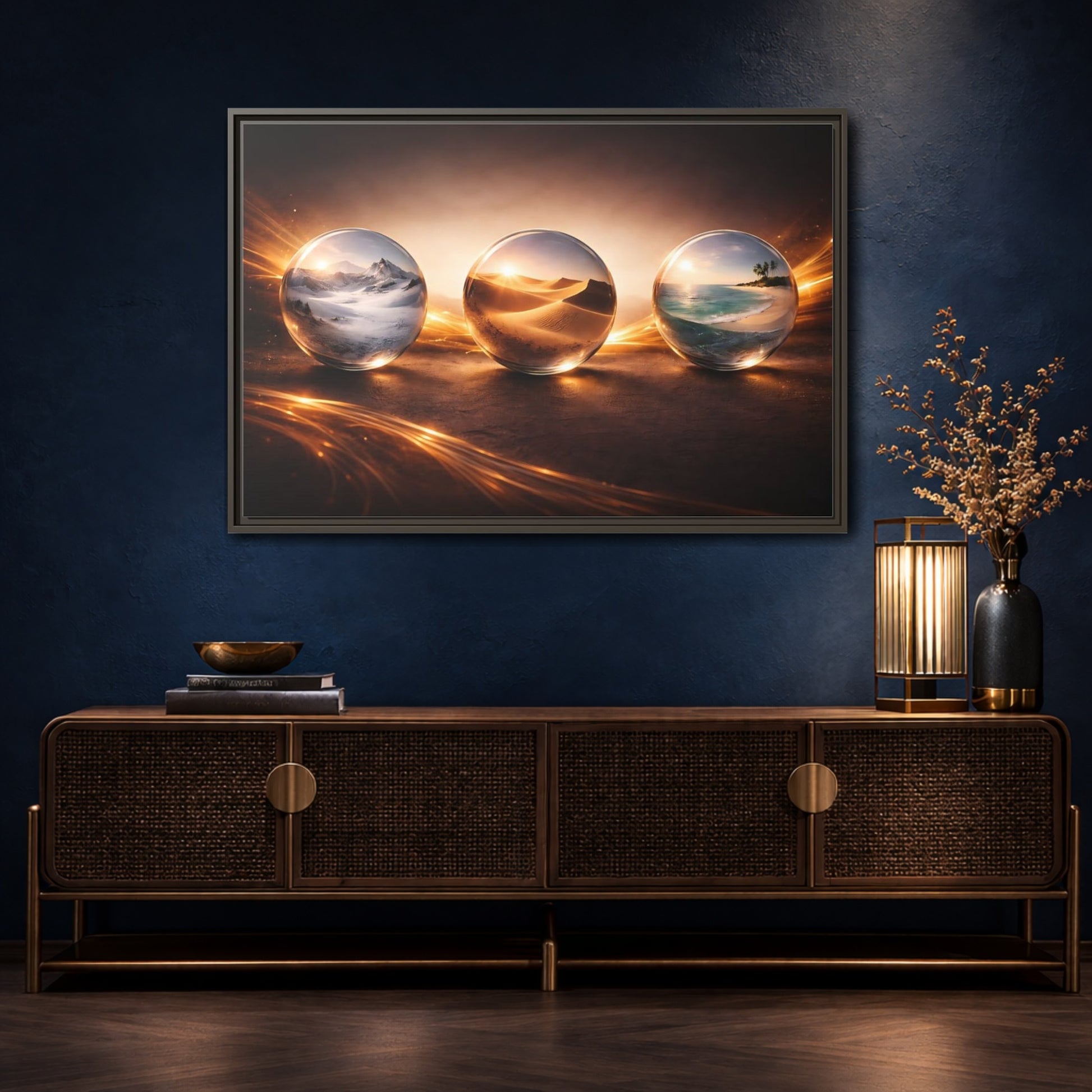 Mockup 4. Nature Nature Spheres Golden Glow Landscapes shown as stretched canvas wall art