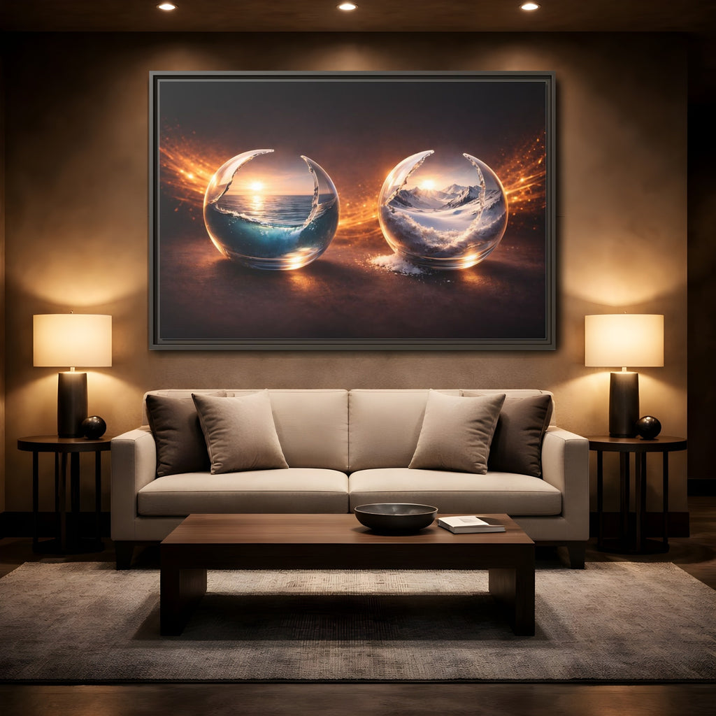 Mockup 2. Nature Nature Spheres Orange And Blue shown as stretched canvas wall art