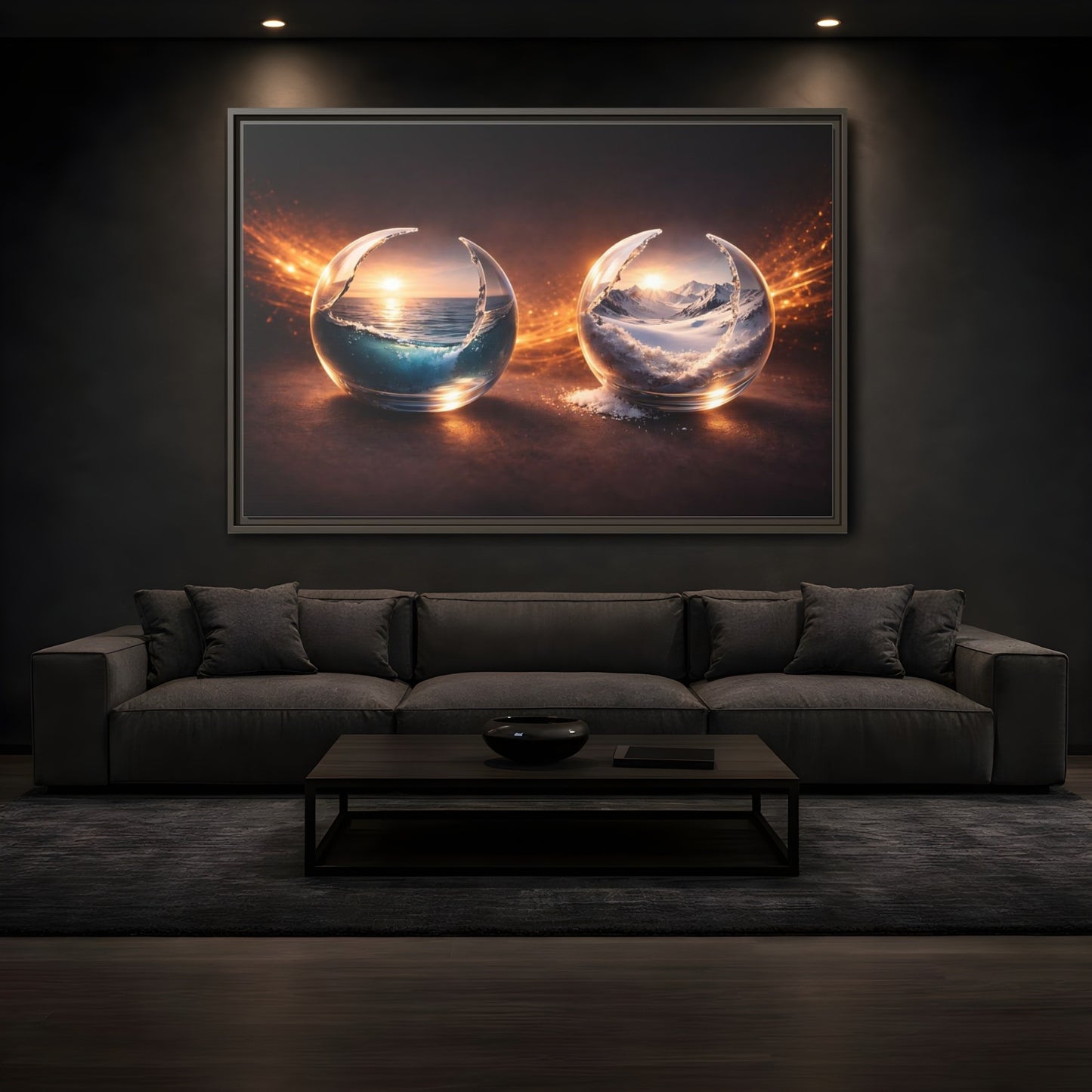 Mockup 3. Nature Nature Spheres Orange And Blue shown as stretched canvas wall art