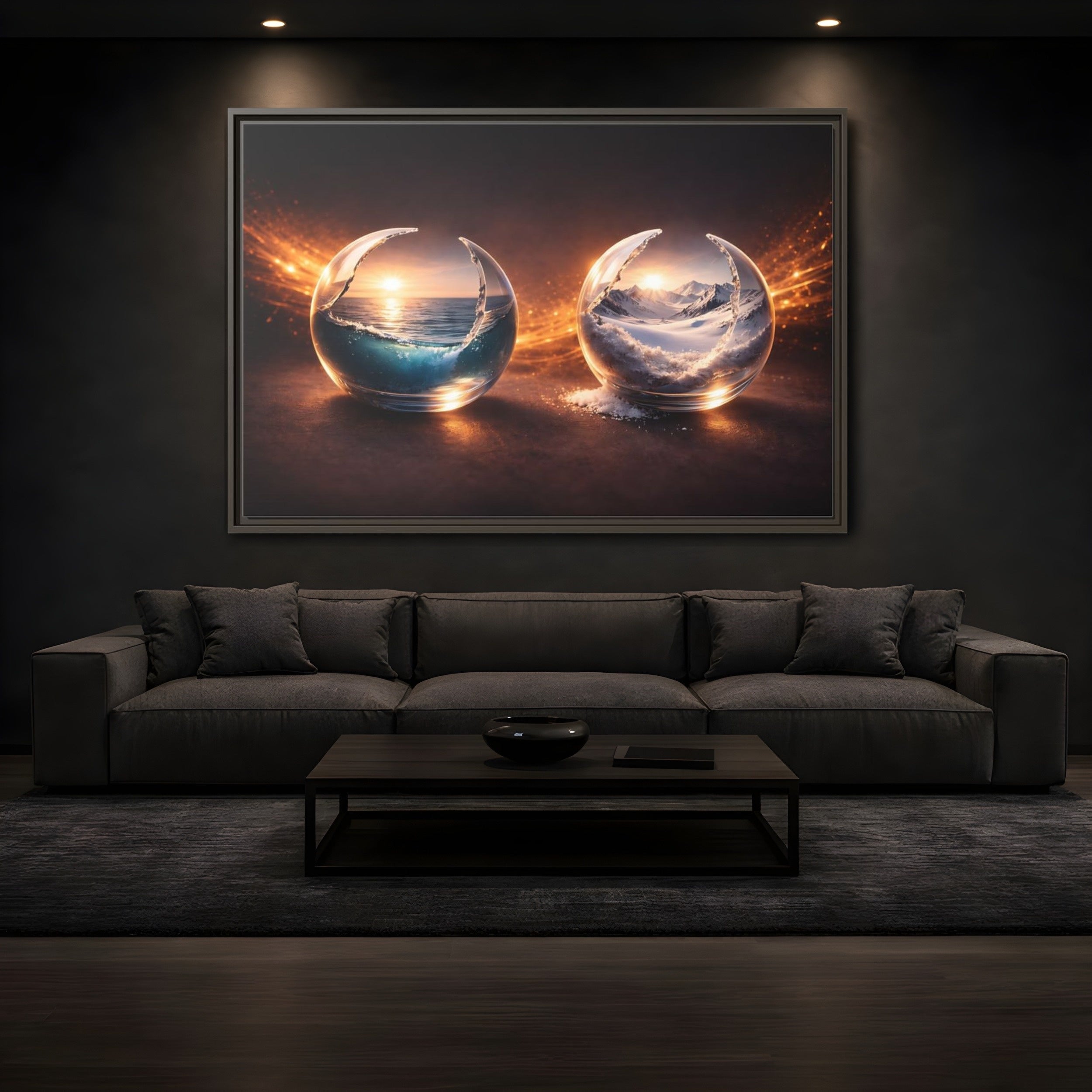 Mockup 3. Nature Nature Spheres Orange And Blue shown as stretched canvas wall art
