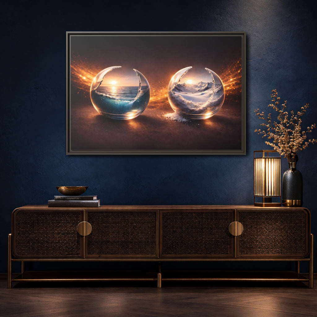 Mockup 4. Nature Nature Spheres Orange And Blue shown as stretched canvas wall art