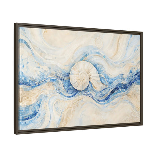 Main Mockup. Nature Nautilus Shell Blue Beige Waves shown as stretched canvas wall art