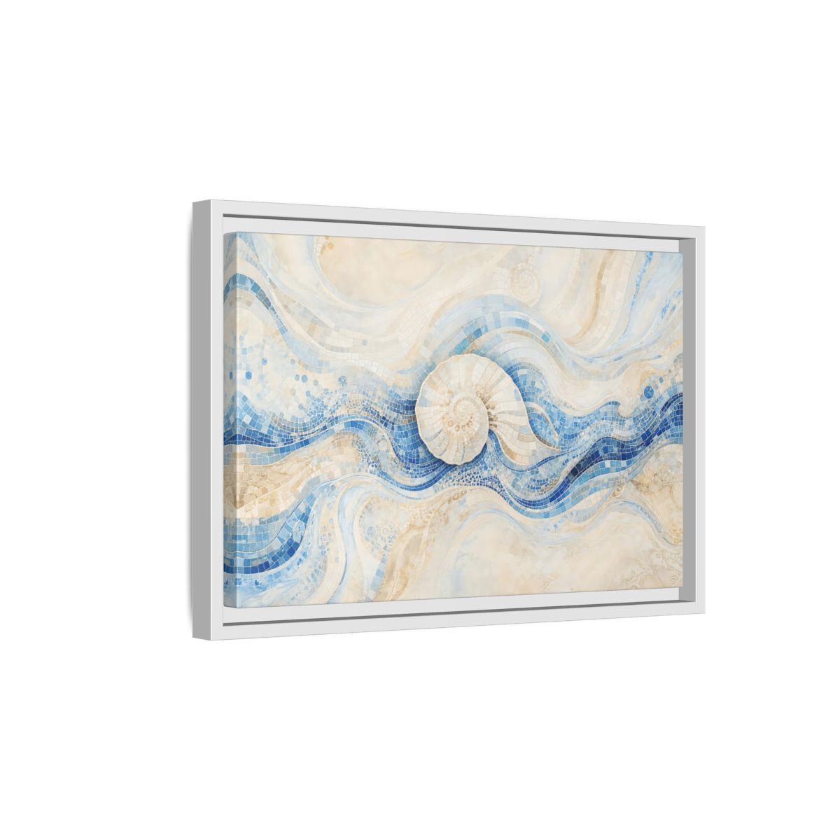 Side Mockup 4. Nature Nautilus Shell Blue Beige Waves shown as stretched canvas wall art