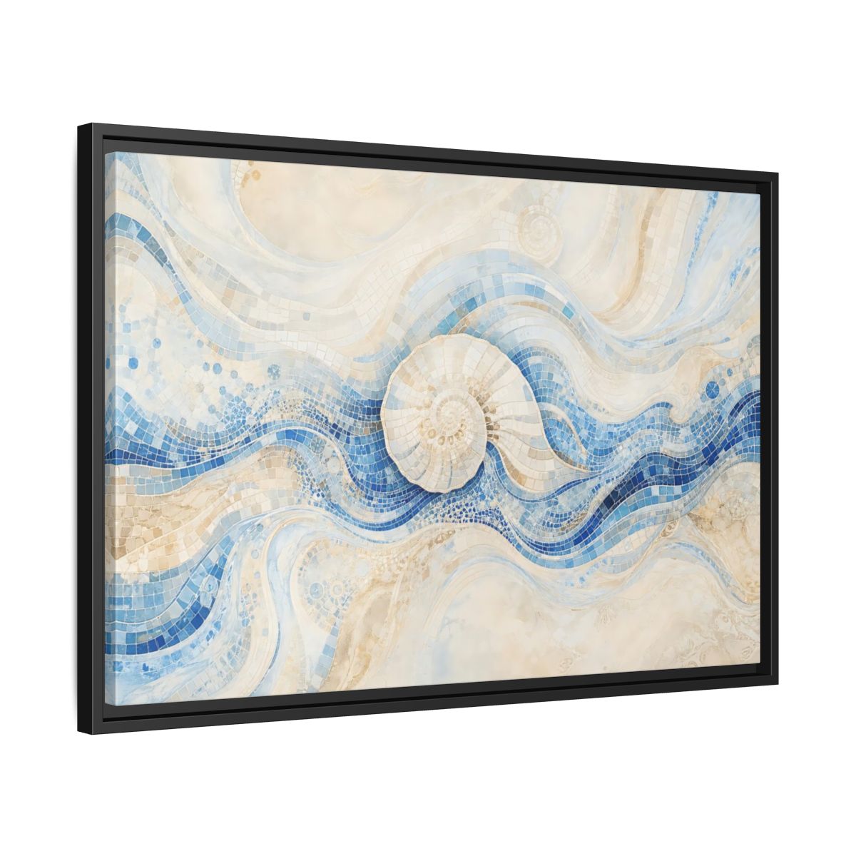 Side Mockup 14. Nature Nautilus Shell Blue Beige Waves shown as stretched canvas wall art