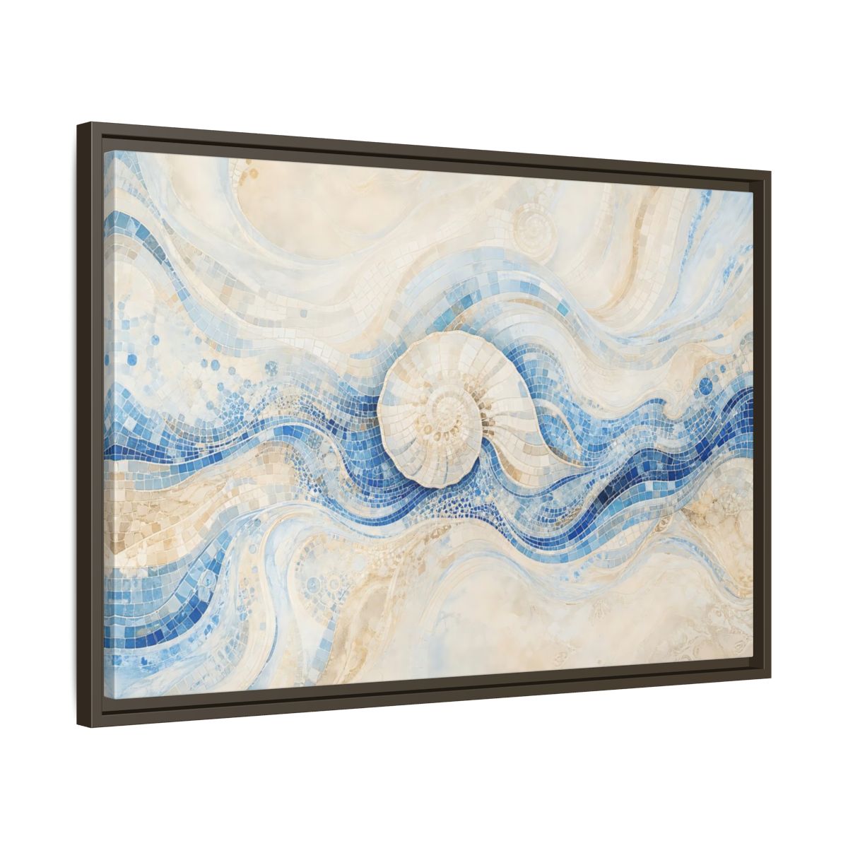 Side Mockup 11. Nature Nautilus Shell Blue Beige Waves shown as stretched canvas wall art