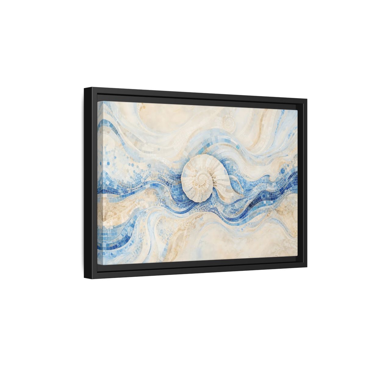 Side Mockup 6. Nature Nautilus Shell Blue Beige Waves shown as stretched canvas wall art