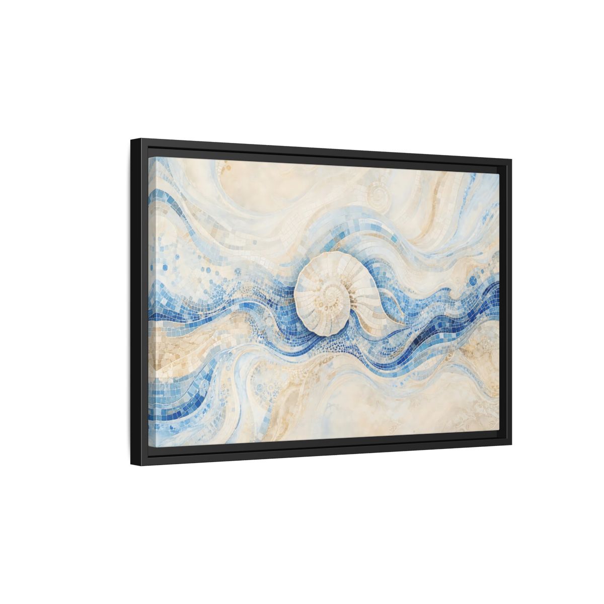 Side Mockup 3. Nature Nautilus Shell Blue Beige Waves shown as stretched canvas wall art