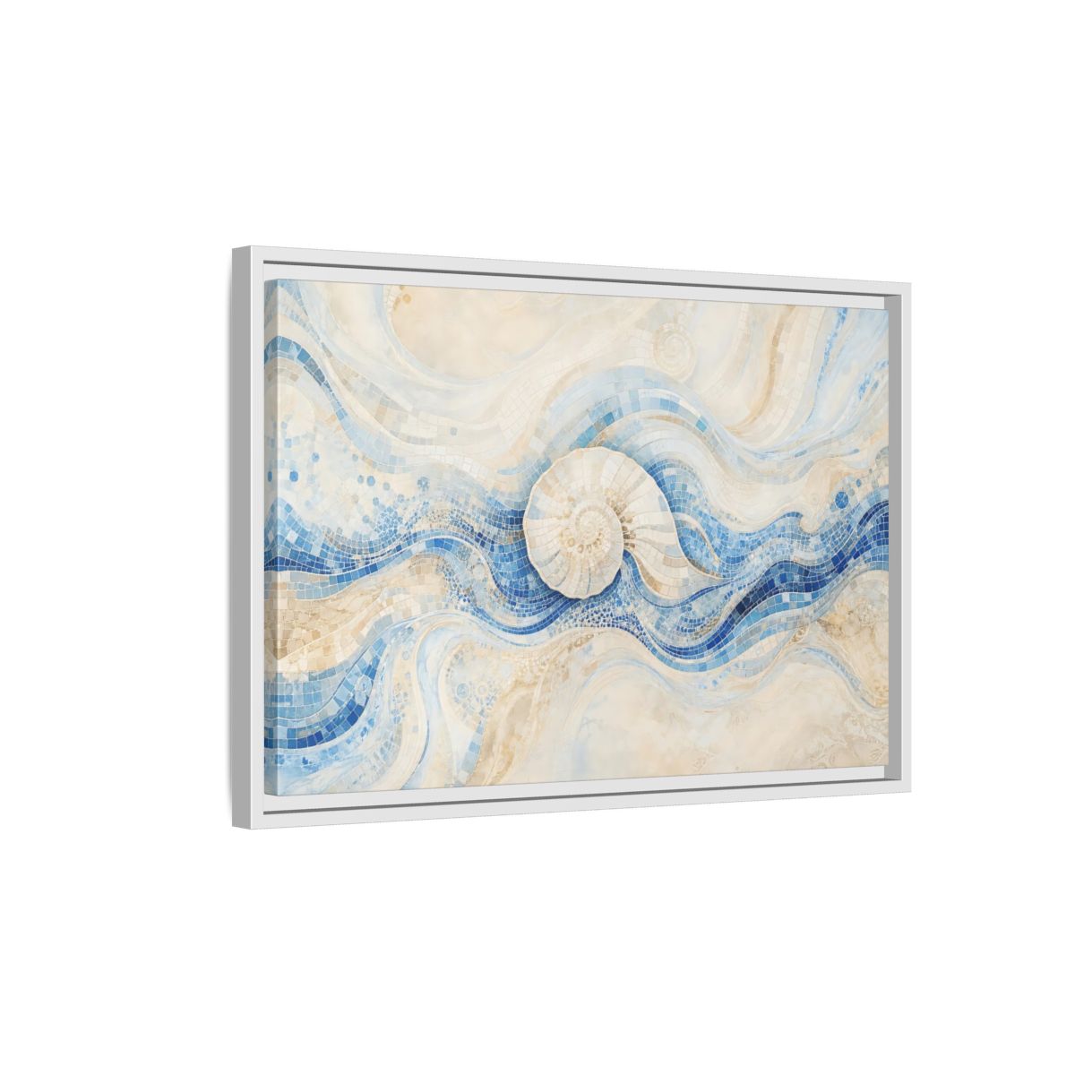 Side Mockup 1. Nature Nautilus Shell Blue Beige Waves shown as stretched canvas wall art
