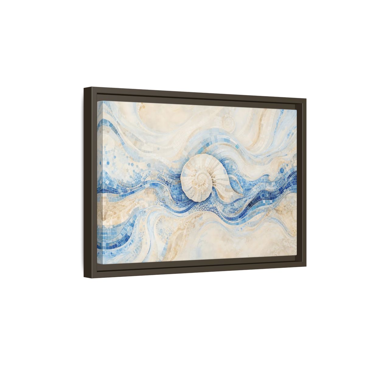 Side Mockup 5. Nature Nautilus Shell Blue Beige Waves shown as stretched canvas wall art