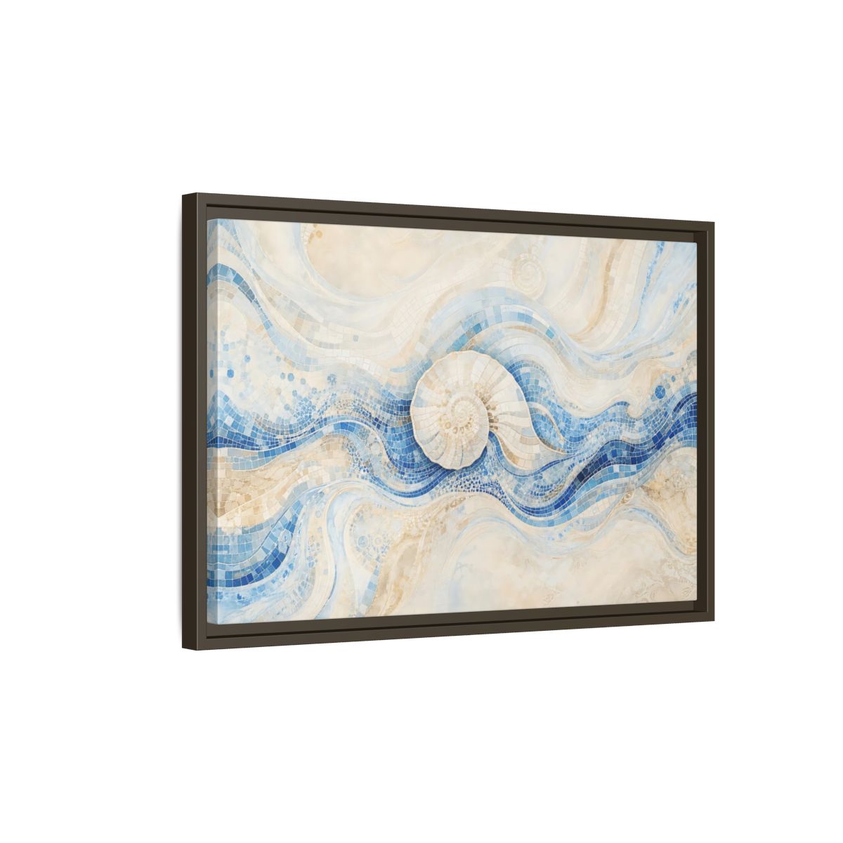 Side Mockup 2. Nature Nautilus Shell Blue Beige Waves shown as stretched canvas wall art