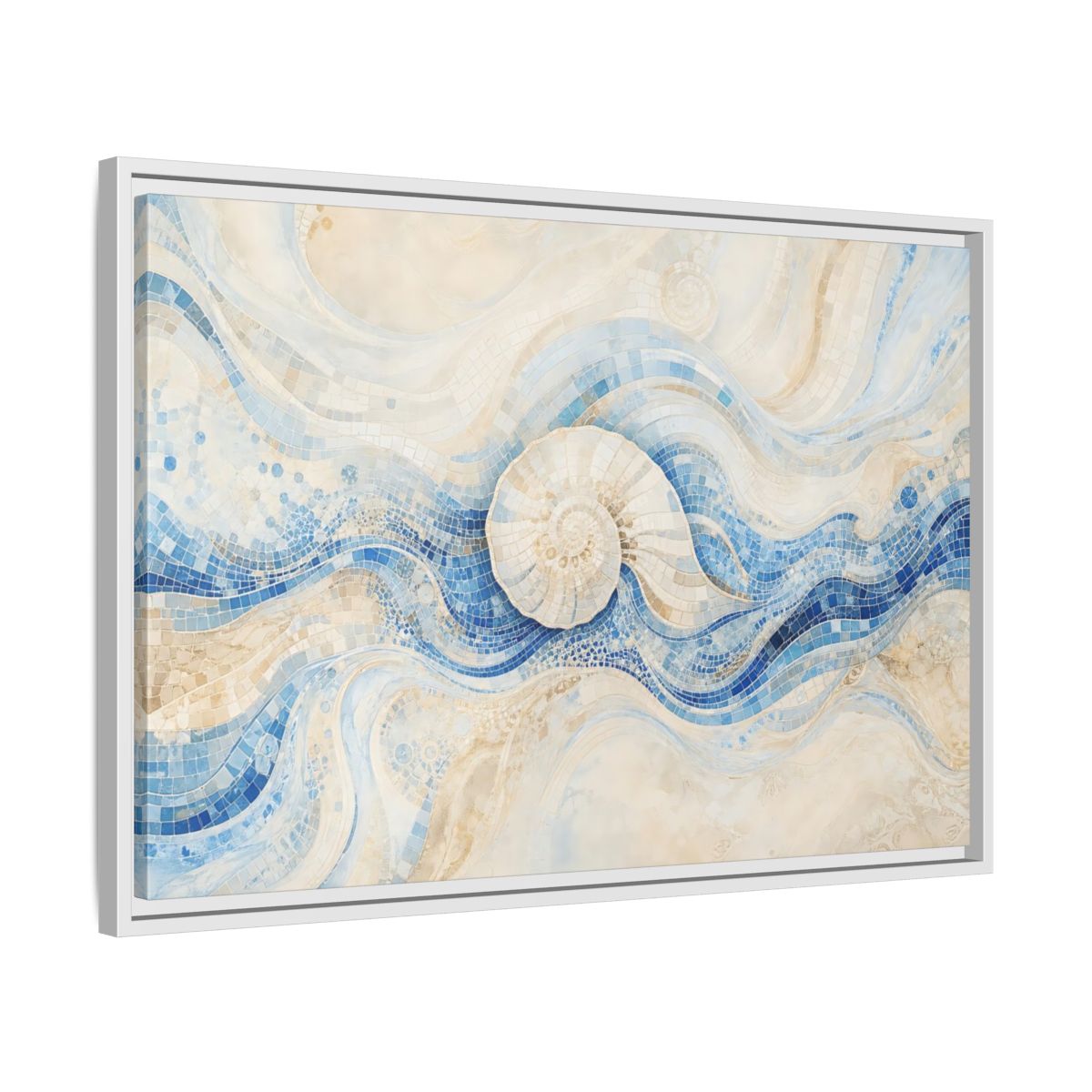 Side Mockup 10. Nature Nautilus Shell Blue Beige Waves shown as stretched canvas wall art