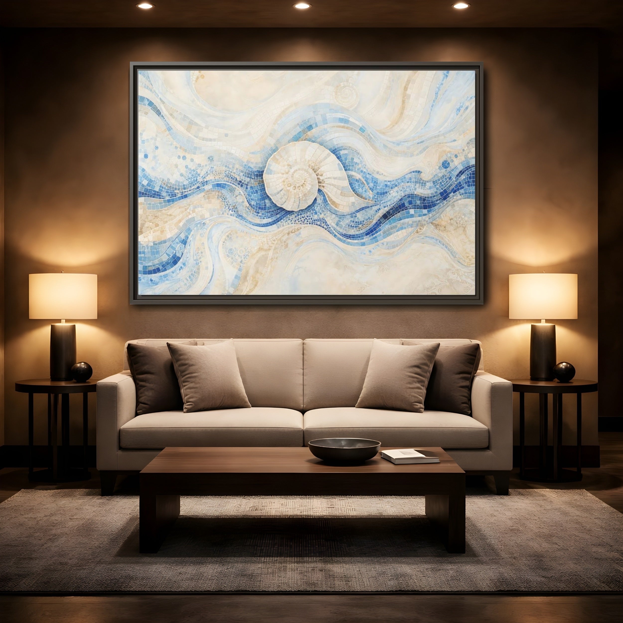 Mockup 2. Nature Nautilus Shell Blue Beige Waves shown as stretched canvas wall art