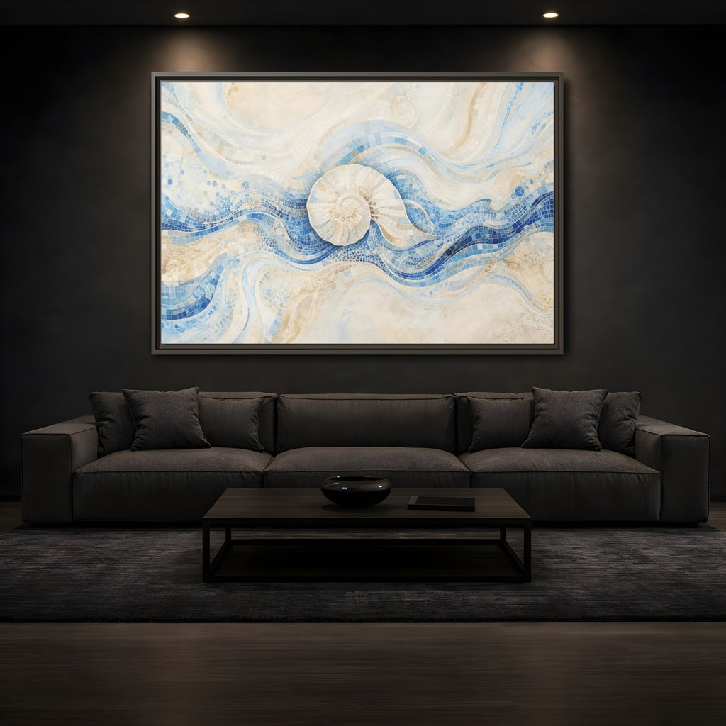 Mockup 3. Nature Nautilus Shell Blue Beige Waves shown as stretched canvas wall art