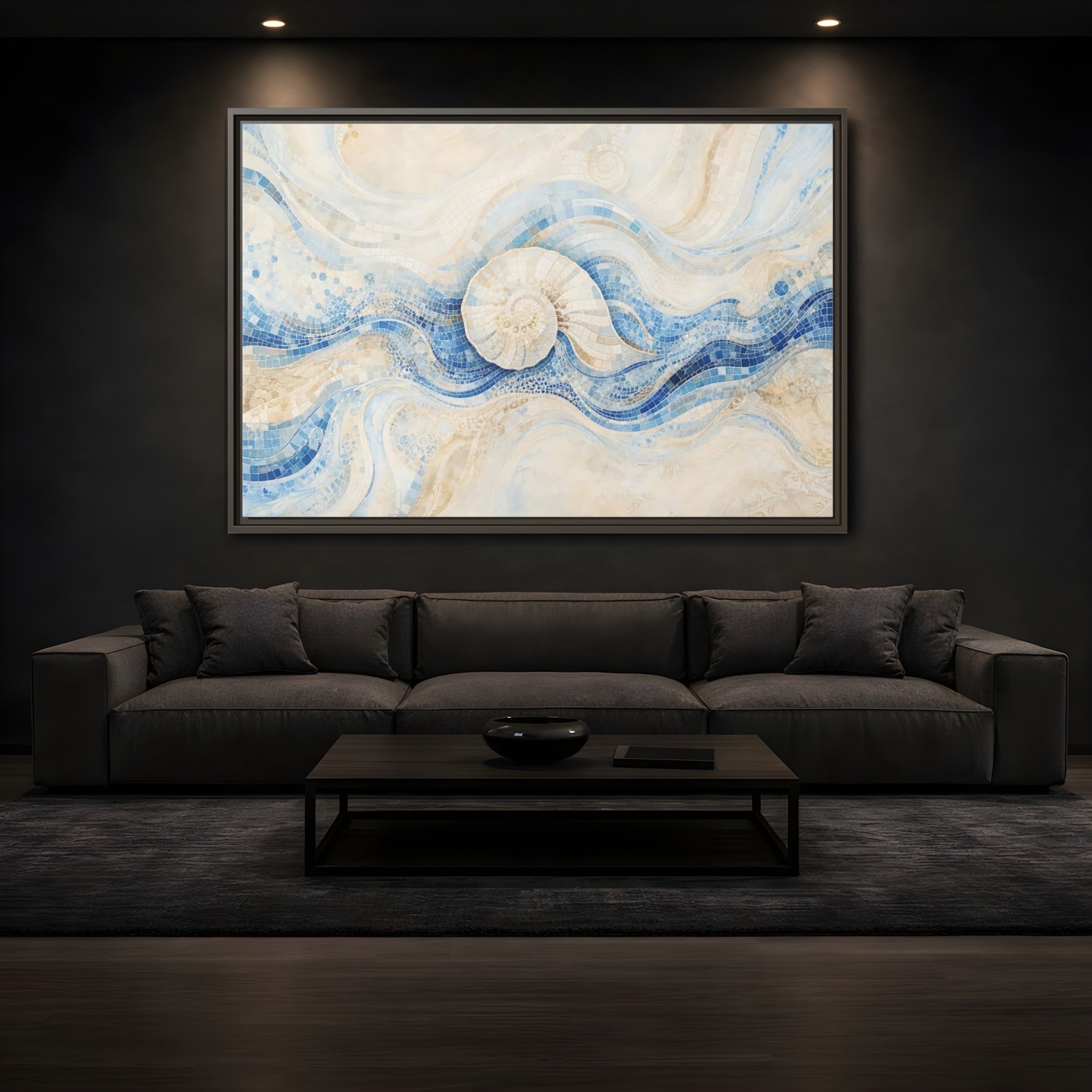Mockup 3. Nature Nautilus Shell Blue Beige Waves shown as stretched canvas wall art