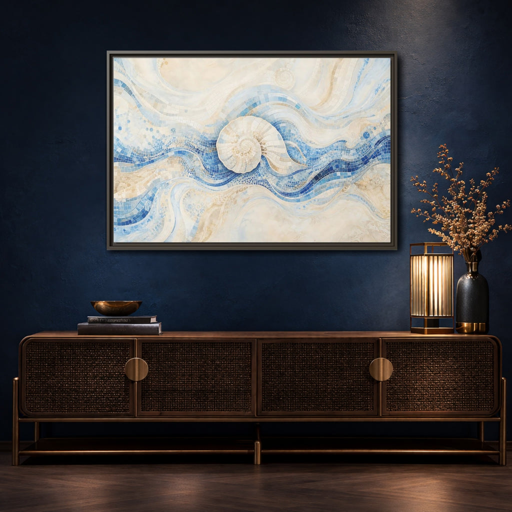 Mockup 4. Nature Nautilus Shell Blue Beige Waves shown as stretched canvas wall art