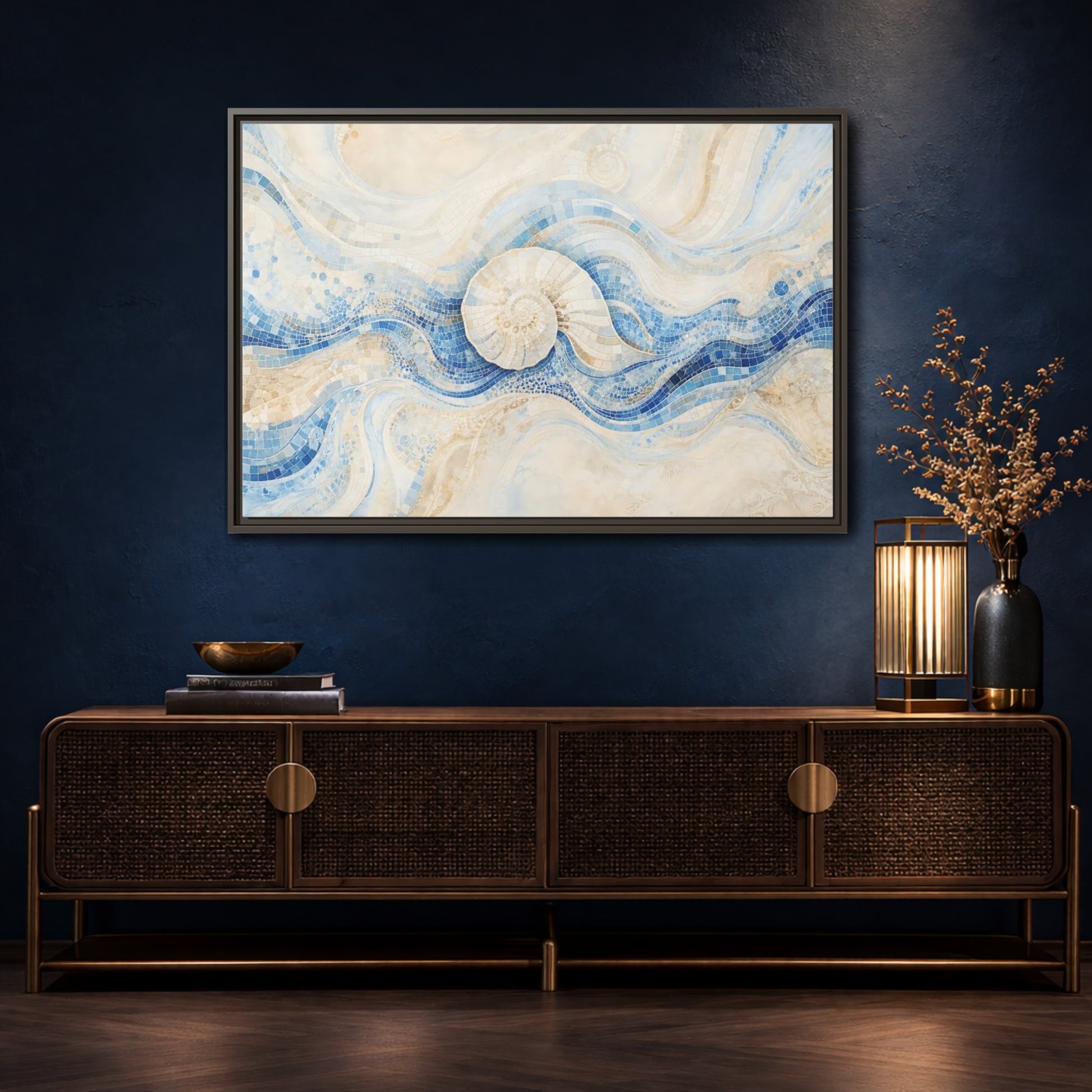 Mockup 4. Nature Nautilus Shell Blue Beige Waves shown as stretched canvas wall art