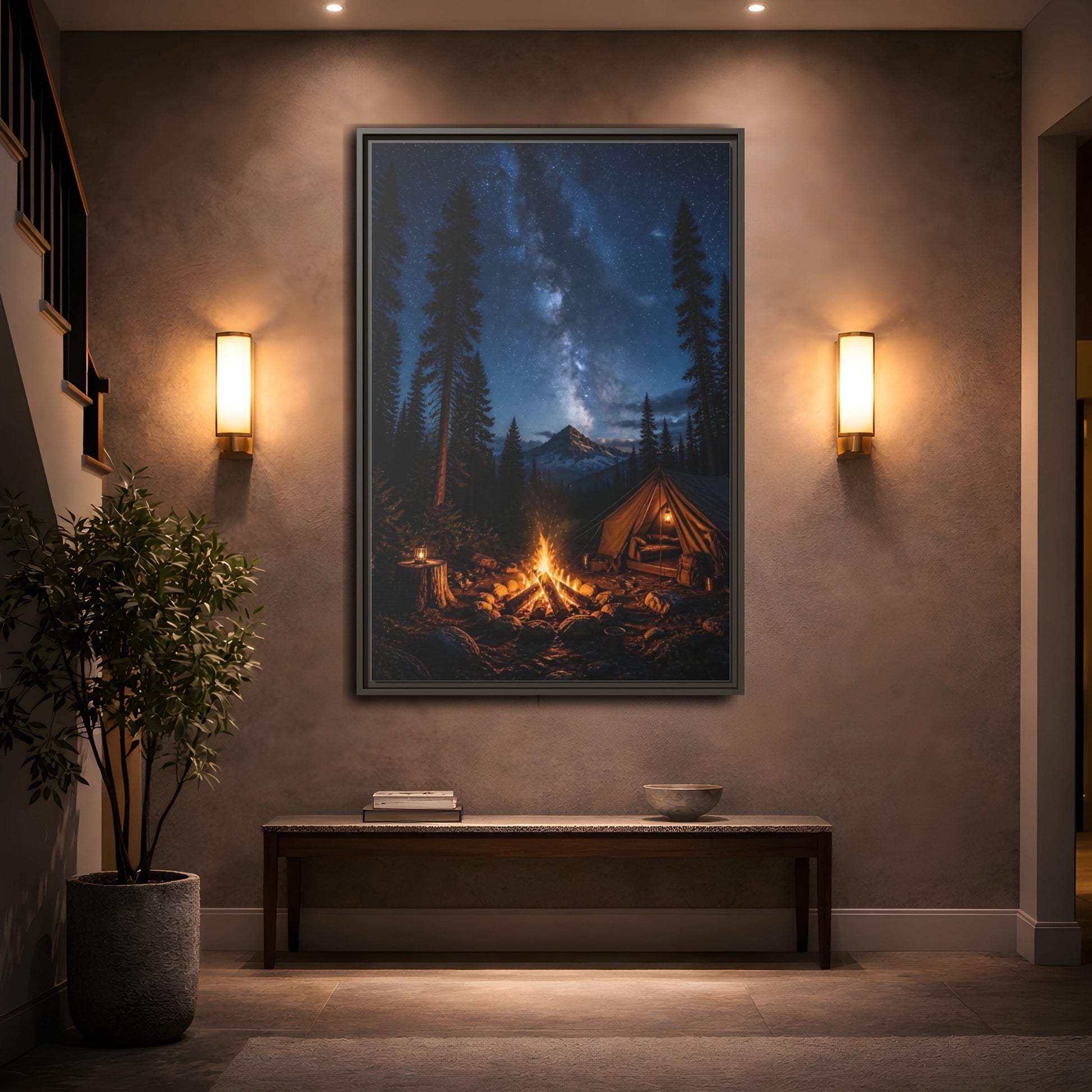 Nature Night Camping Framed Canvas Wall Art - Realistic Decor for Living Room, Above Console Table shown as canvas wall art