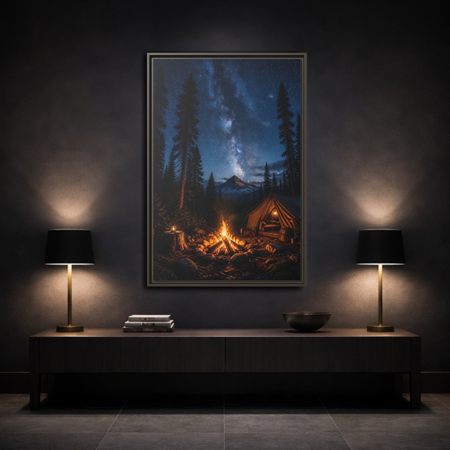 Nature Night Camping Framed Canvas Wall Art - Realistic Decor for Living Room, Above Console Table shown as canvas wall art