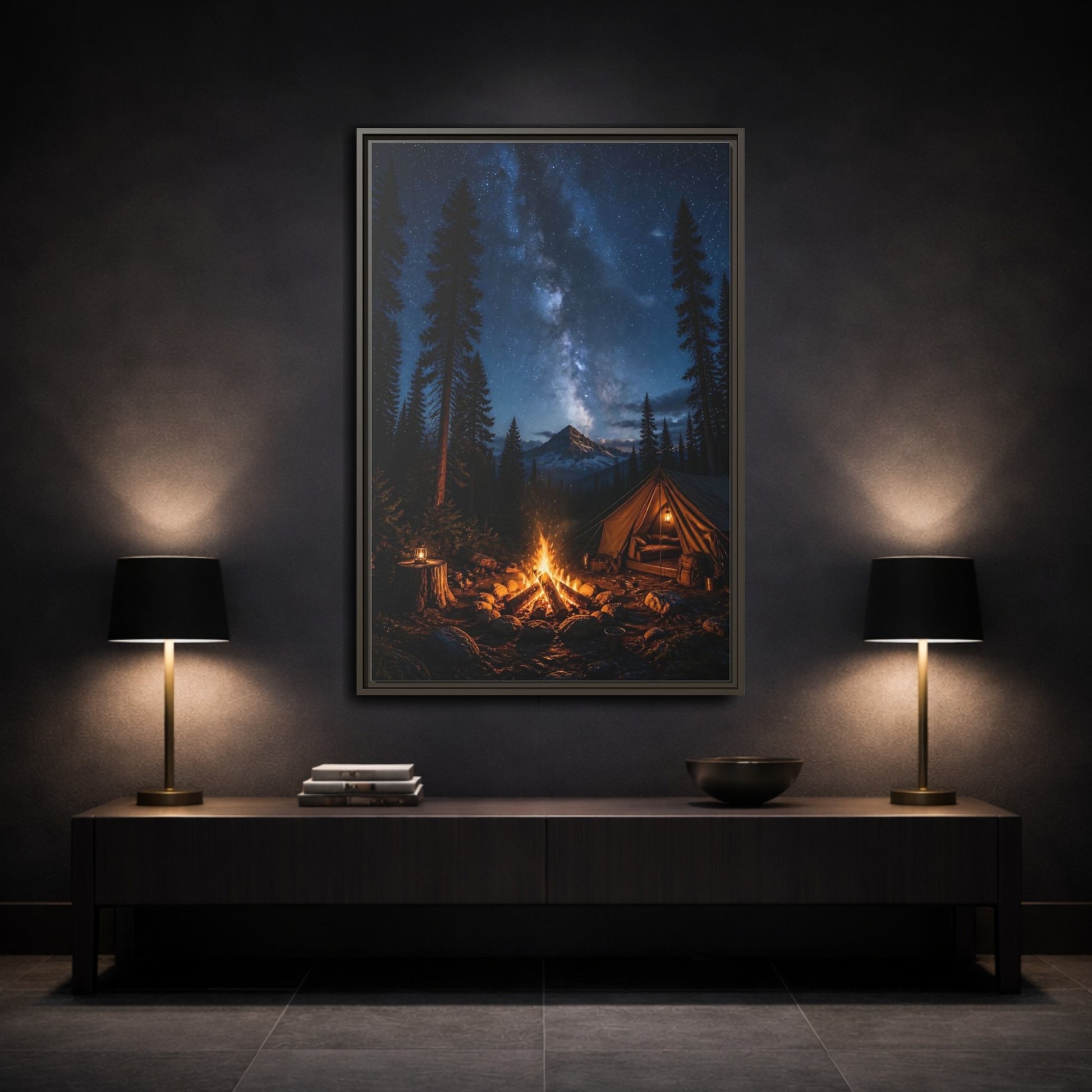 Nature Night Camping Framed Canvas Wall Art - Realistic Decor for Living Room, Above Console Table shown as canvas wall art