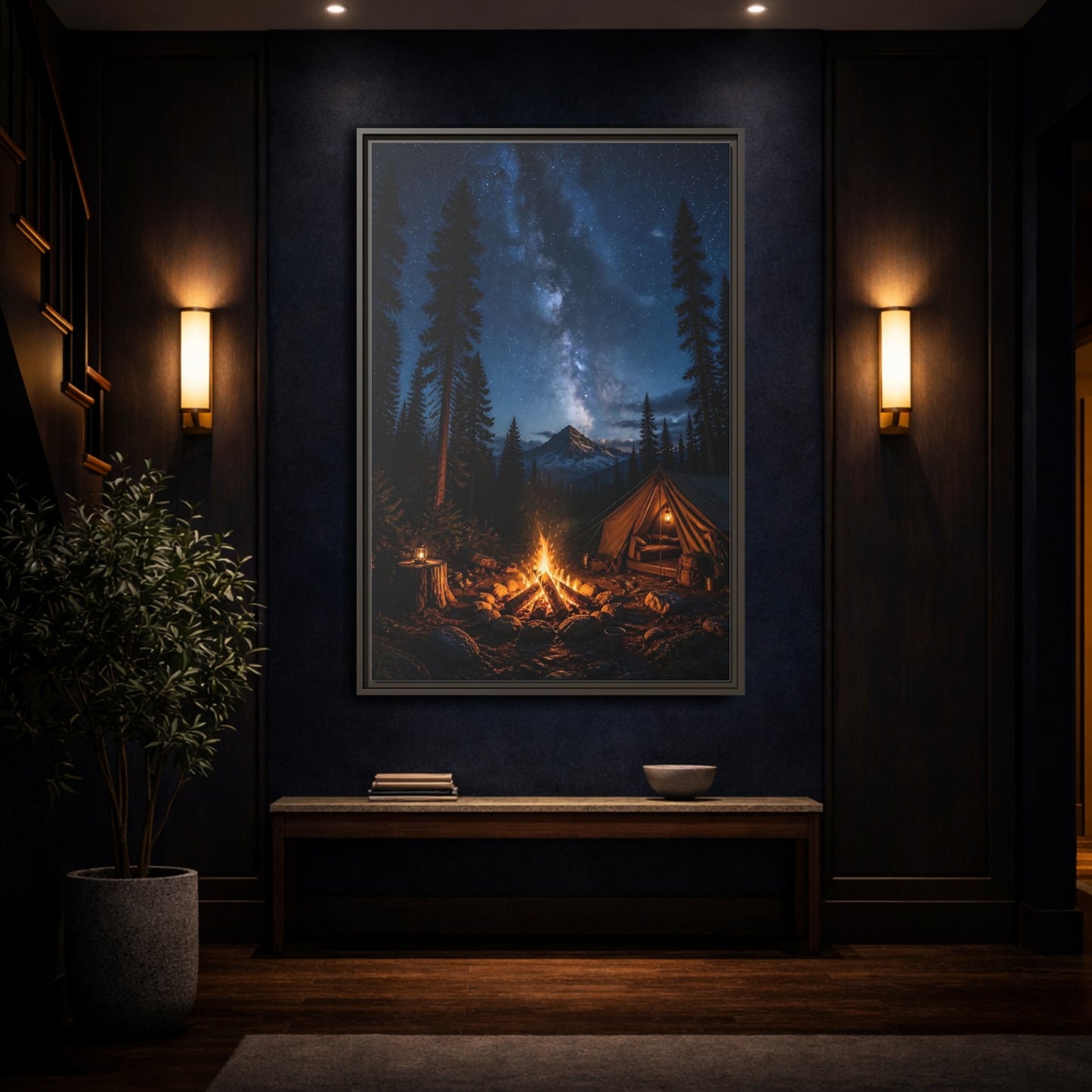 Nature Night Camping Framed Canvas Wall Art - Realistic Decor for Living Room, Above Console Table shown as canvas wall art