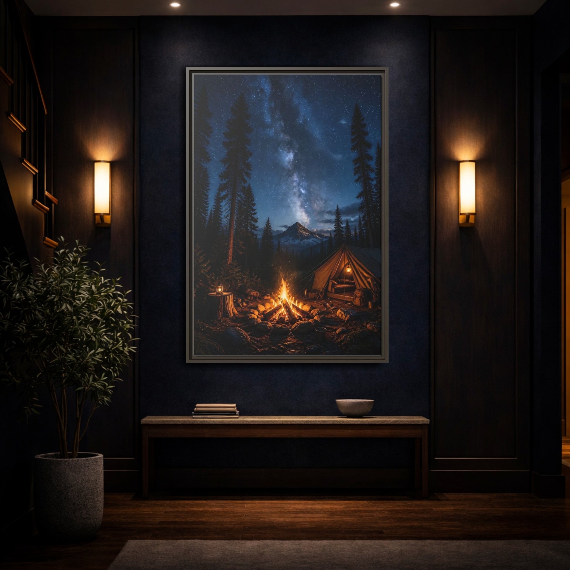 Nature Night Camping Framed Canvas Wall Art - Realistic Decor for Living Room, Above Console Table shown as canvas wall art