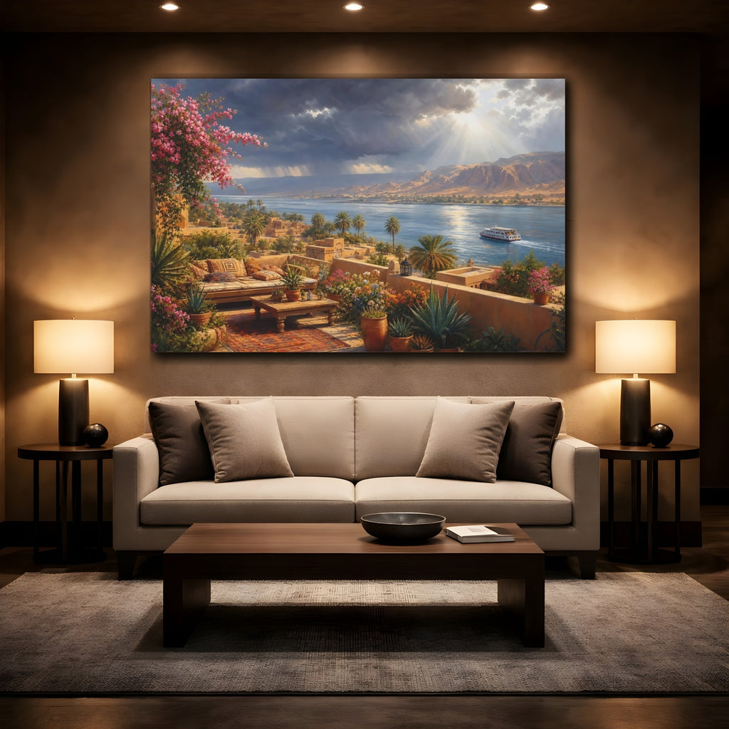 Mockup 2. Nature Nile Landscape Nile River View shown as stretched canvas wall art