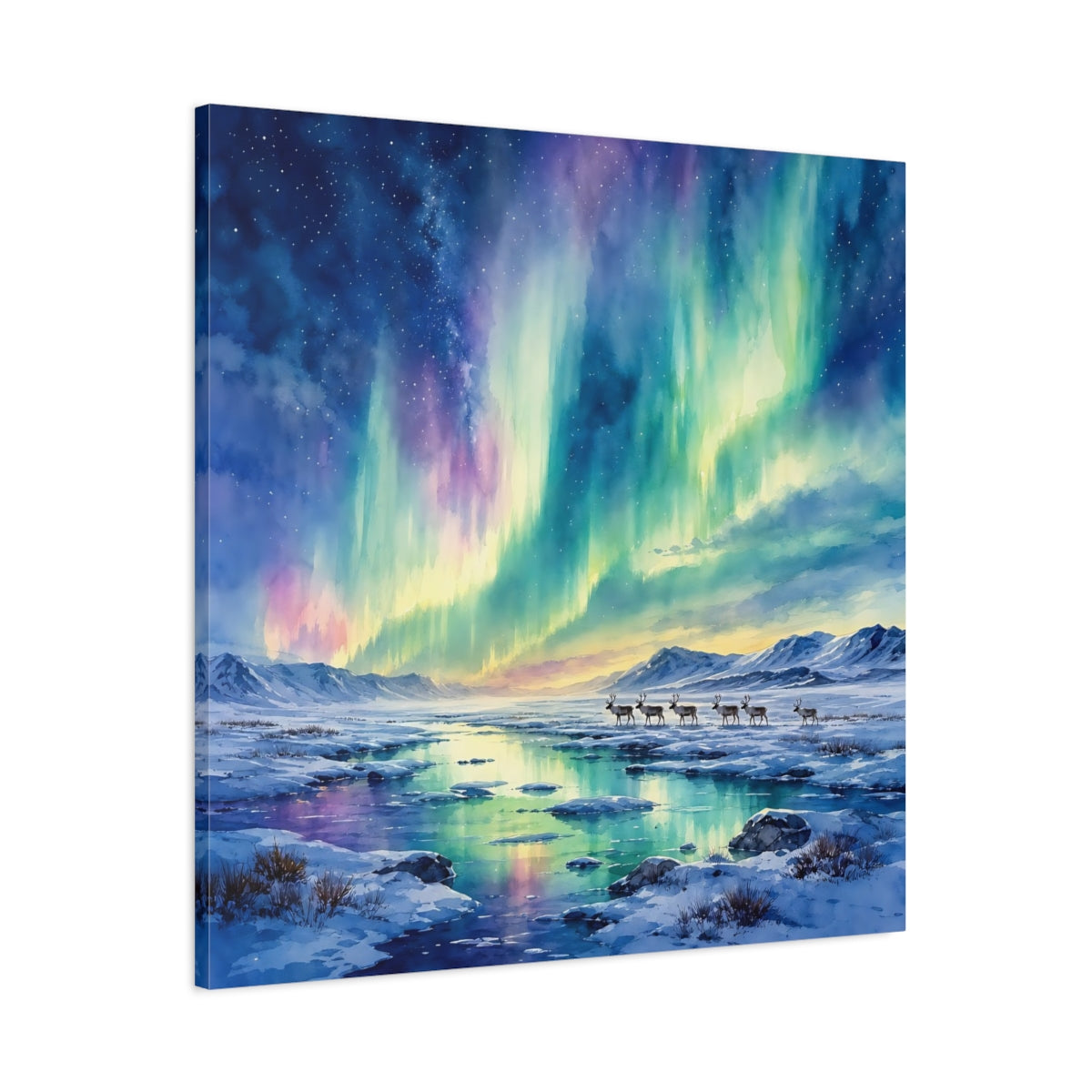 Main Mockup. Nature Northern Lights Aurora Borealis shown as stretched canvas wall art
