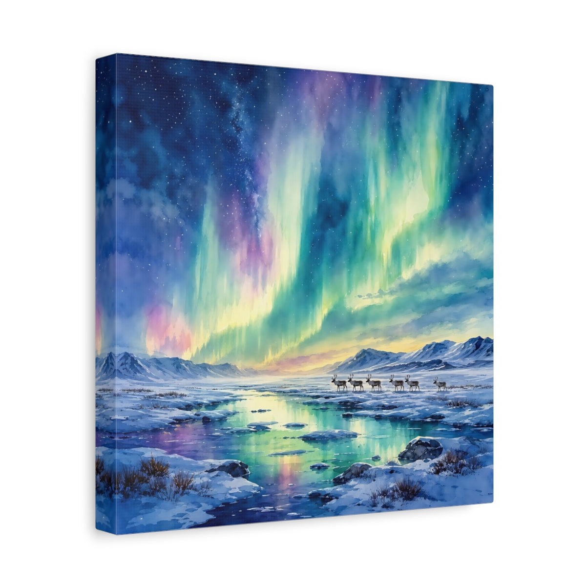 Side Mockup 8. Nature Northern Lights Aurora Borealis shown as stretched canvas wall art