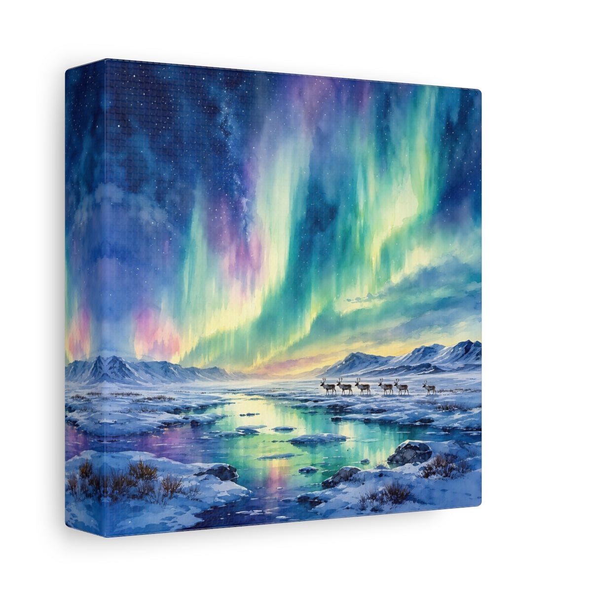 Side Mockup 2. Nature Northern Lights Aurora Borealis shown as stretched canvas wall art