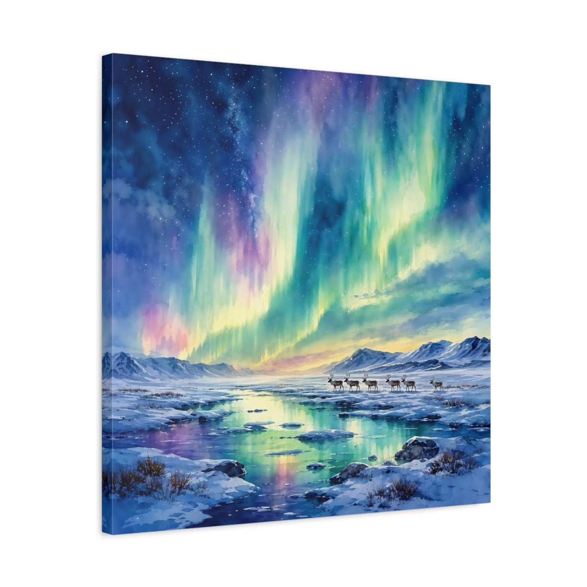 Side Mockup 4. Nature Northern Lights Aurora Borealis shown as stretched canvas wall art