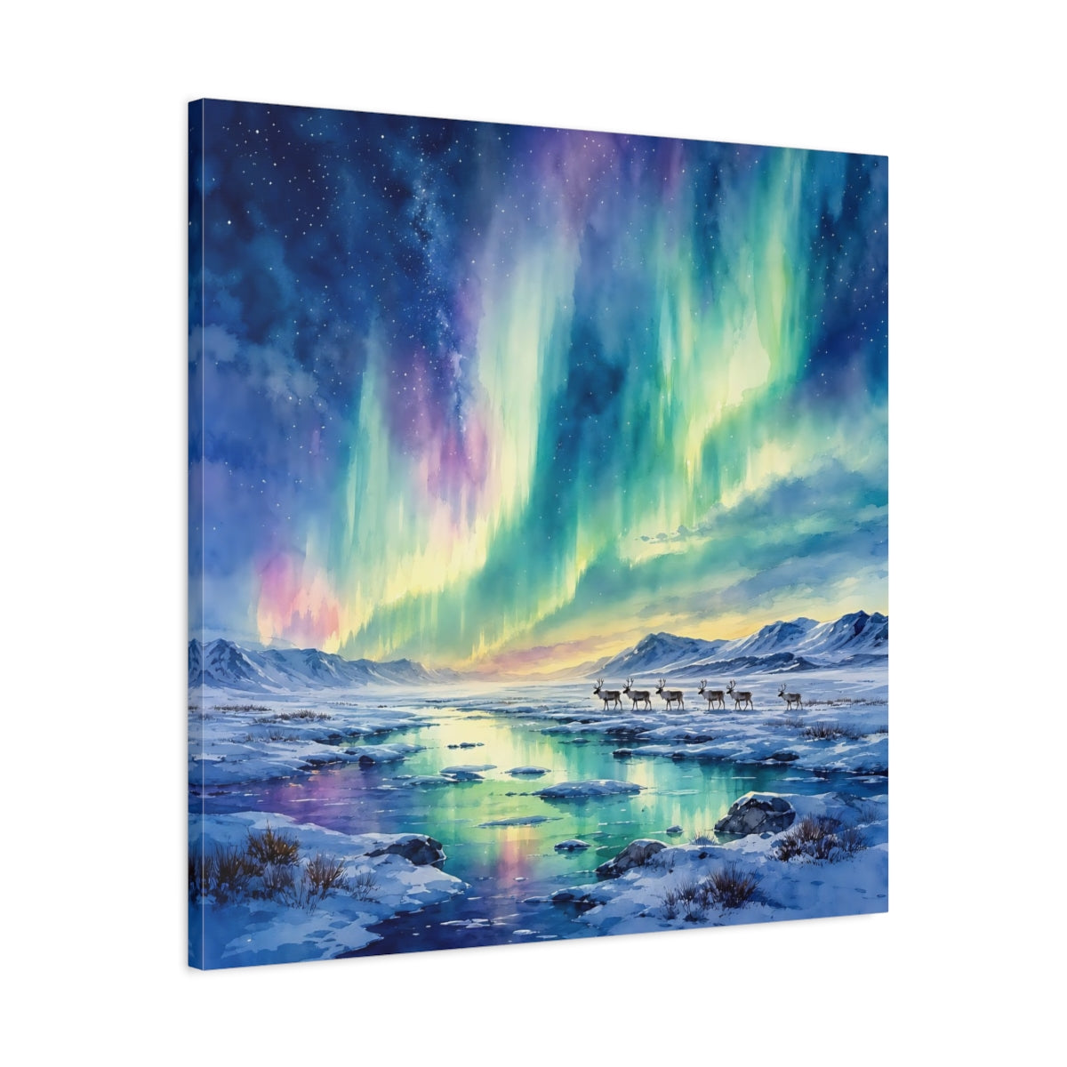 Side Mockup 3. Nature Northern Lights Aurora Borealis shown as stretched canvas wall art