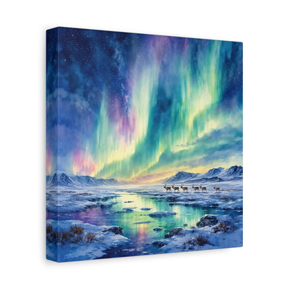Side Mockup 9. Nature Northern Lights Aurora Borealis shown as stretched canvas wall art