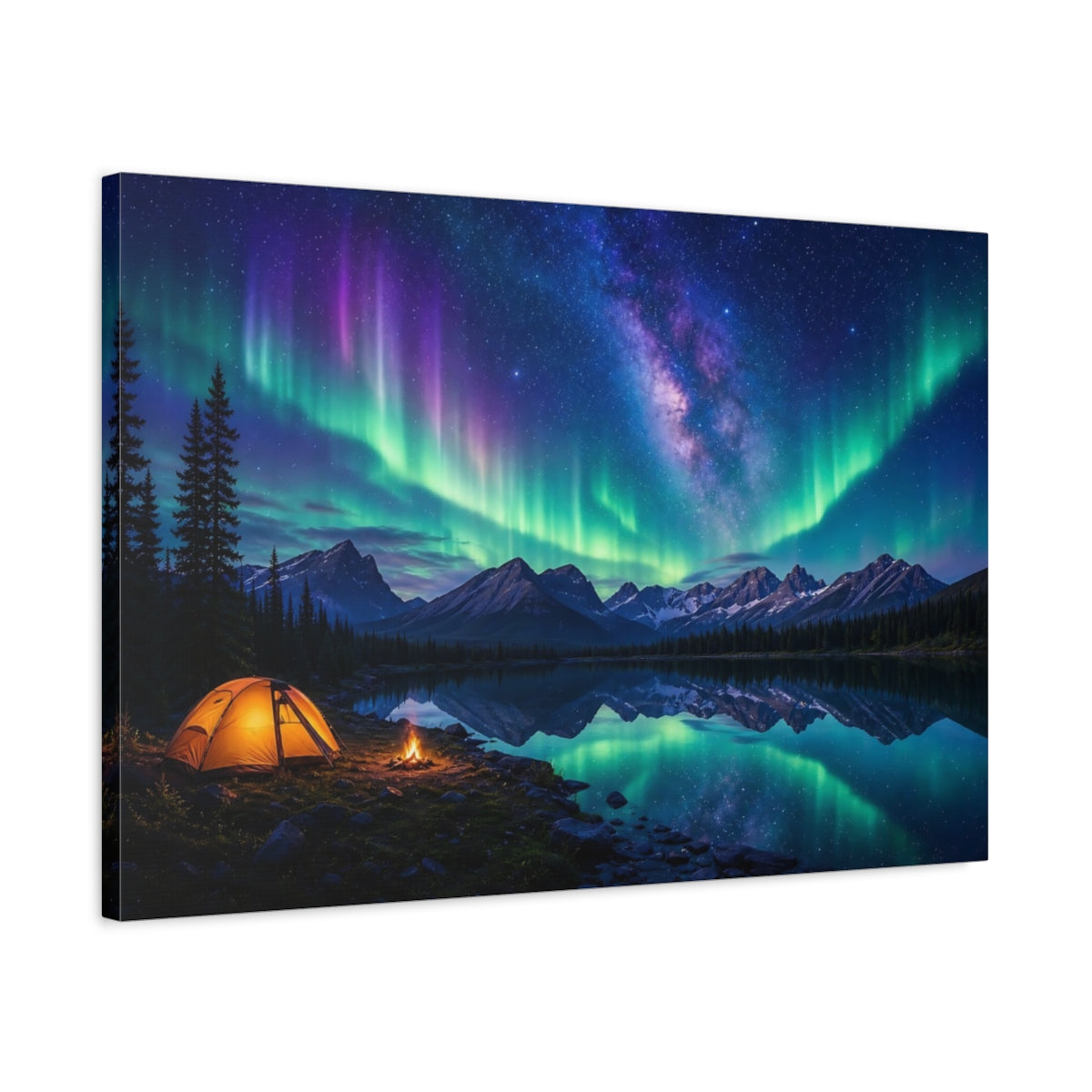 Side Mockup 2. Nature Northern Lights Aurora Borealis Night shown as stretched canvas wall art
