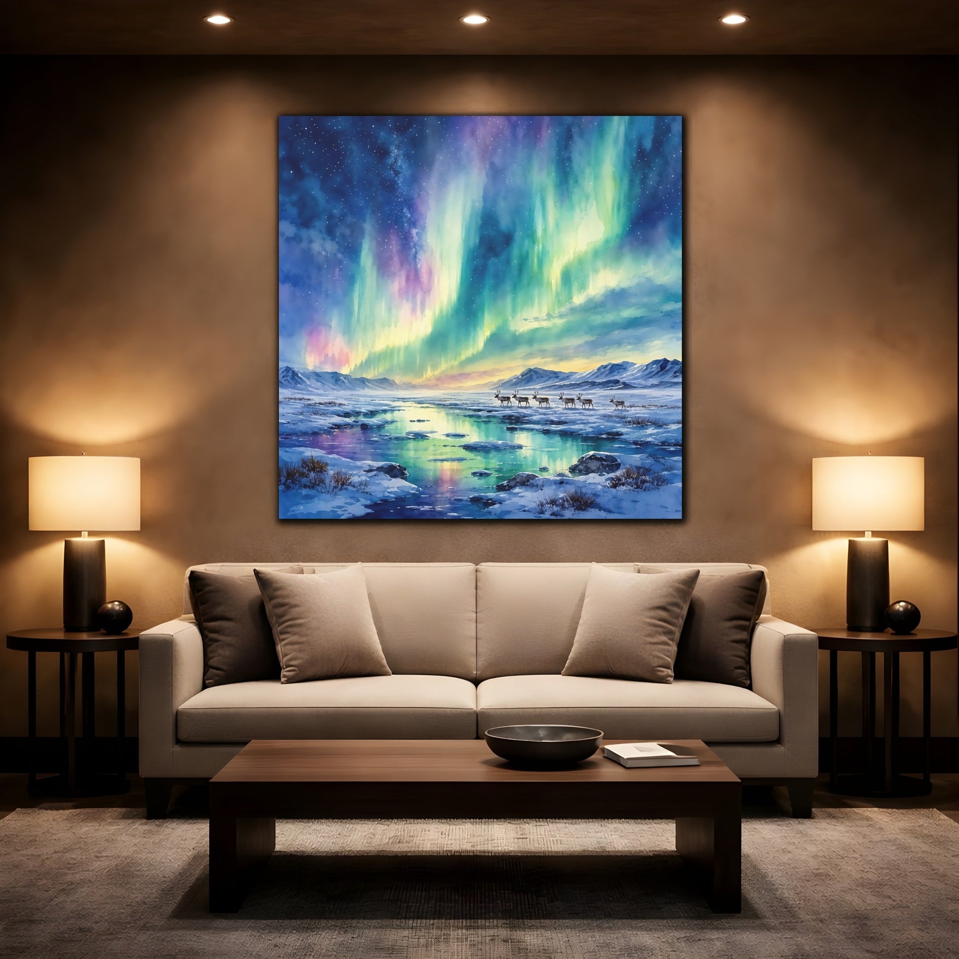 Mockup 2. Nature Northern Lights Aurora Borealis shown as stretched canvas wall art