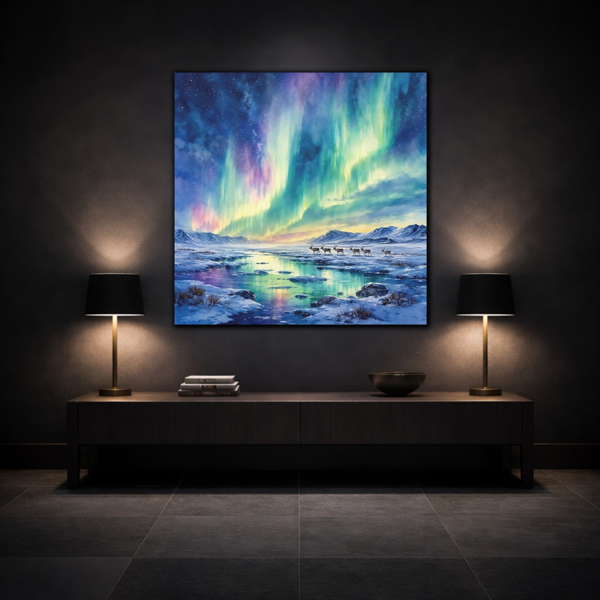 Mockup 3. Nature Northern Lights Aurora Borealis shown as stretched canvas wall art