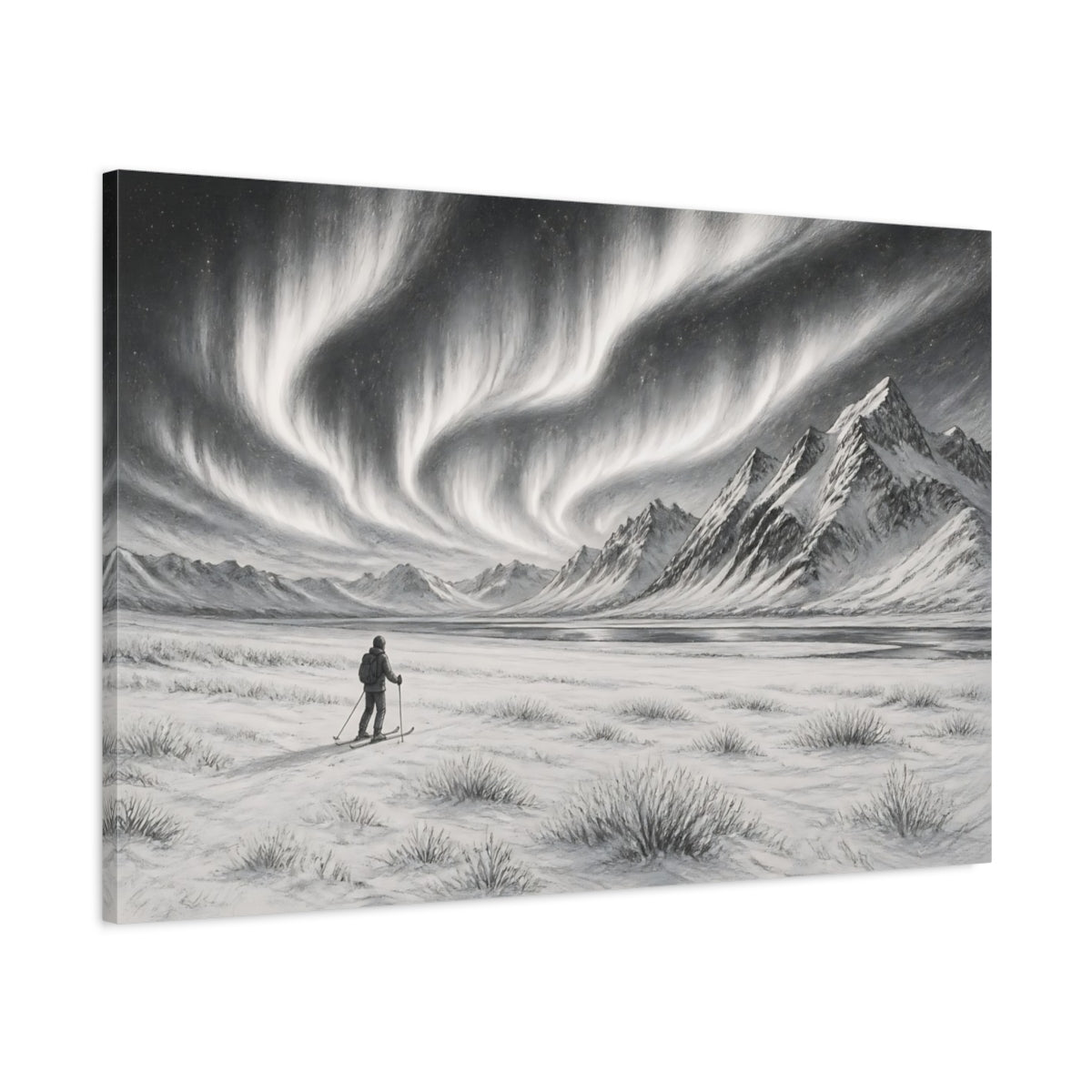 Main Mockup. Nature Northern Lights Black And White shown as stretched canvas wall art