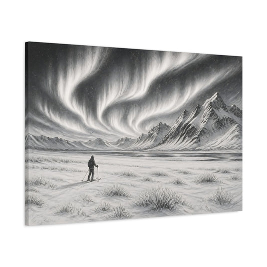 Main Mockup. Nature Northern Lights Black And White shown as stretched canvas wall art