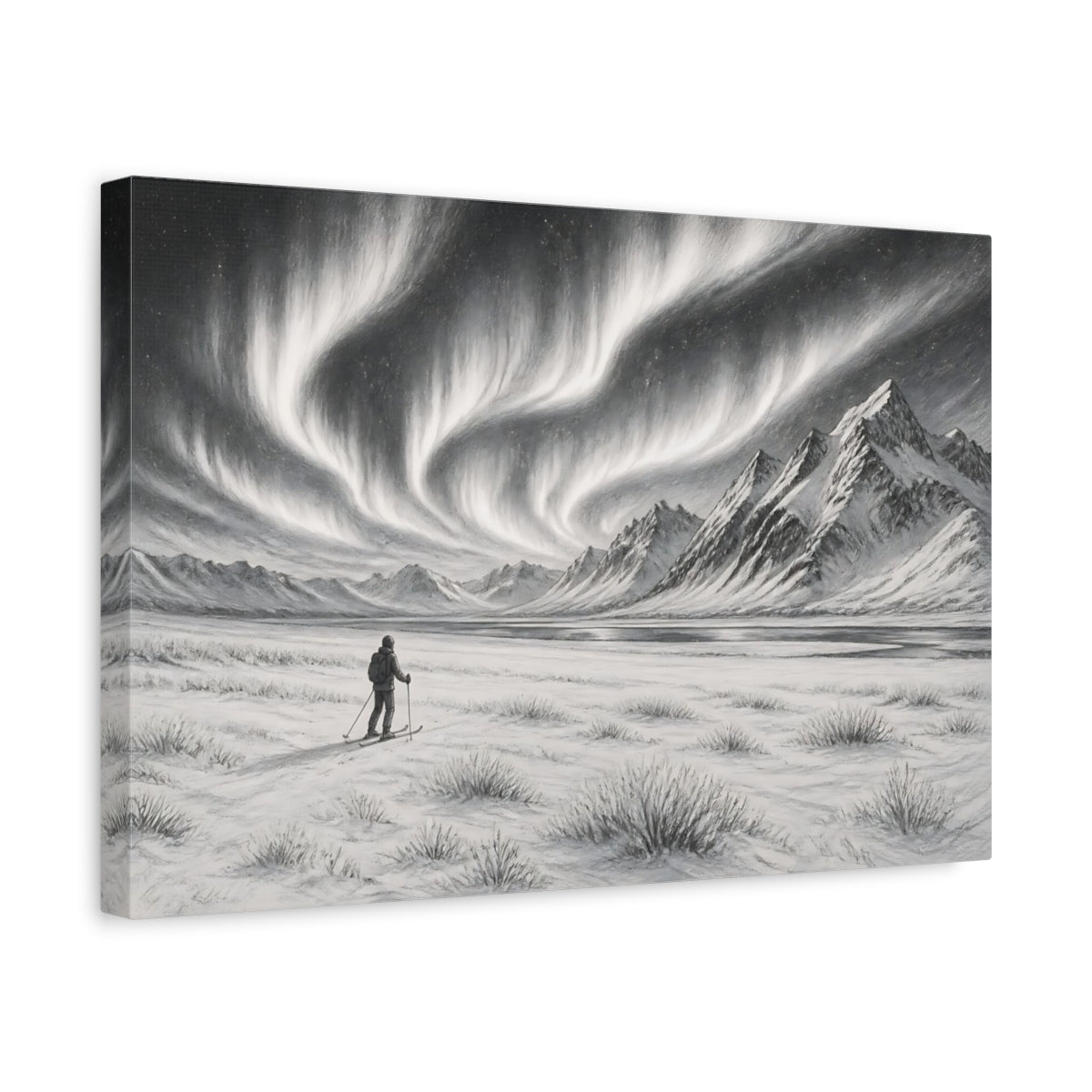 Side Mockup 4. Nature Northern Lights Black And White shown as stretched canvas wall art