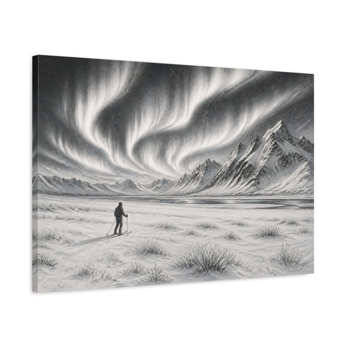 Side Mockup 2. Nature Northern Lights Black And White shown as stretched canvas wall art