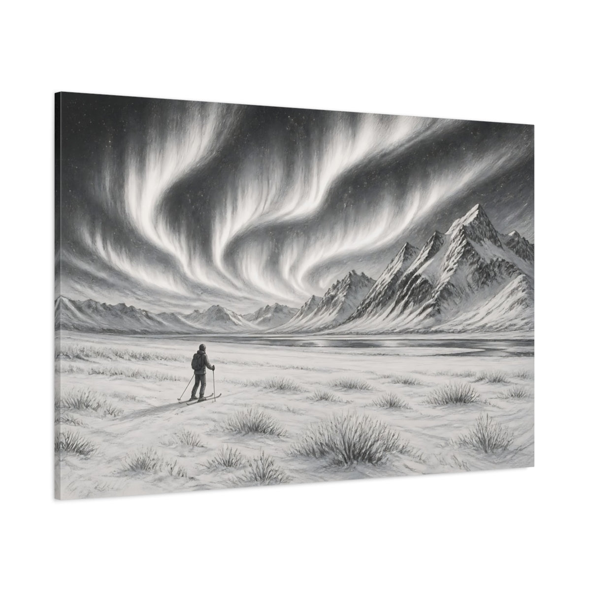 Side Mockup 1. Nature Northern Lights Black And White shown as stretched canvas wall art