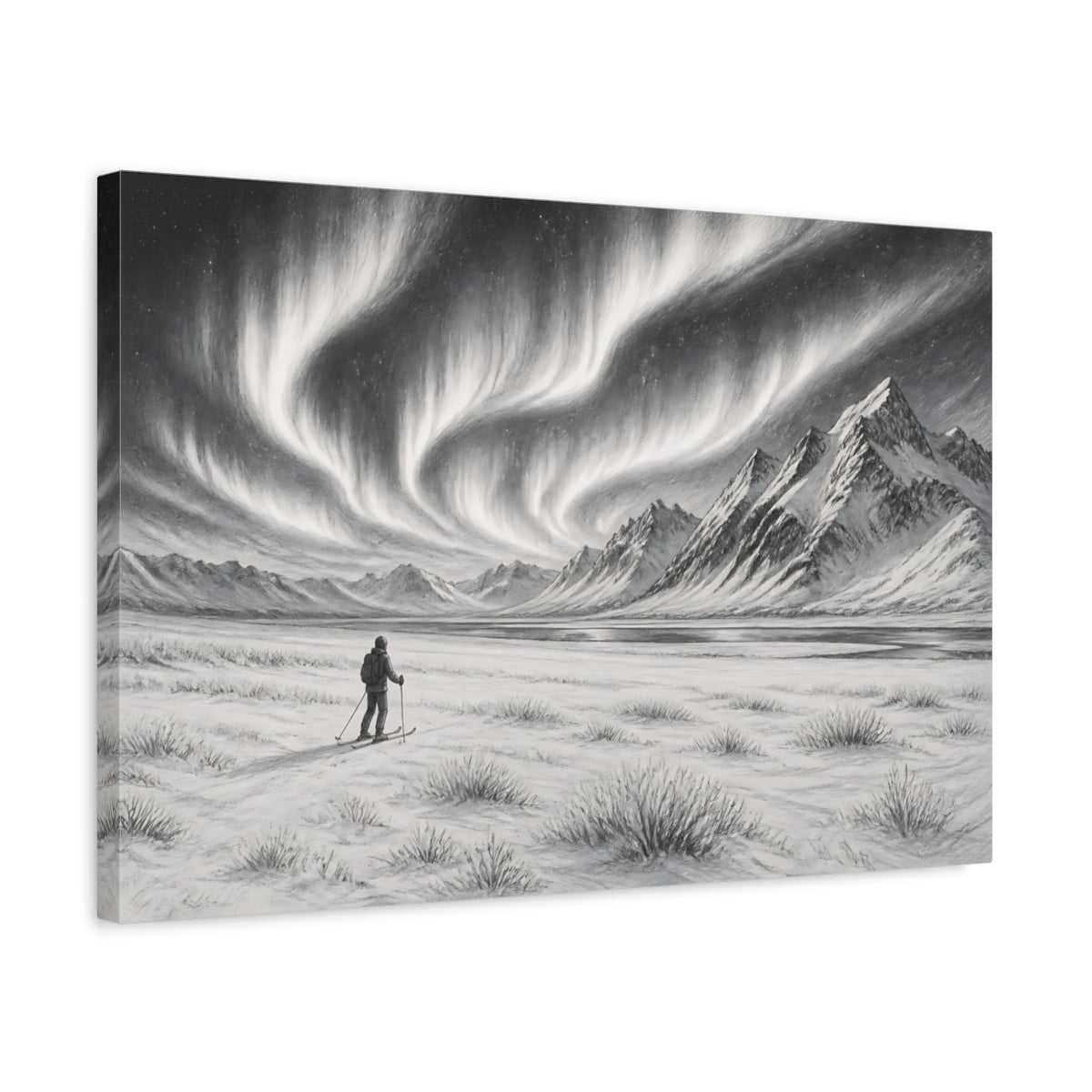 Side Mockup 3. Nature Northern Lights Black And White shown as stretched canvas wall art
